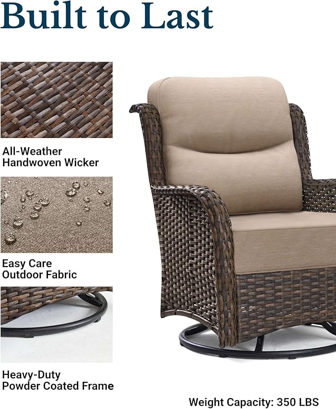 HILLGA Luxury Patio Furniture Set with 6-Inch Thick Cushions, High Back Outdoor Swivel Rocker Chairs, 2-Piece All Weather Conversation Set for Porch Deck Balcony Yard, Beige (V3)