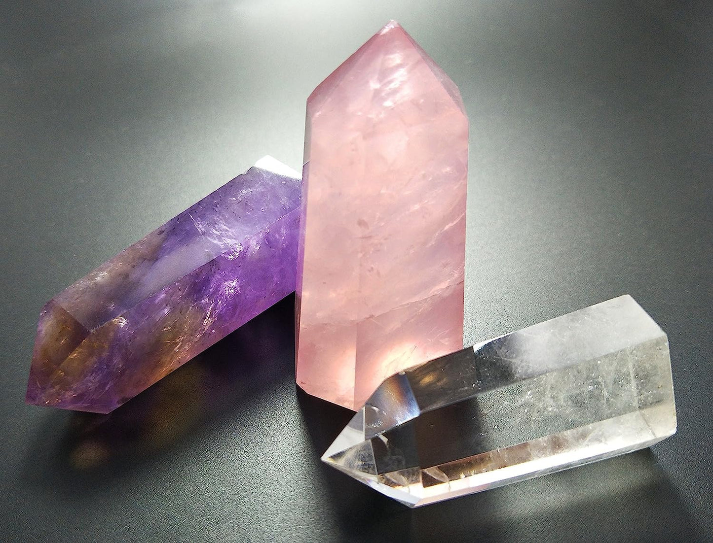Mina Heal Healing Crystal Wands Point Faceted Prism Bars for Reiki Chakra Meditation Therapy Home Decoration Set of 3 (Rose Quartz, Clear Quartz & Amethyst)