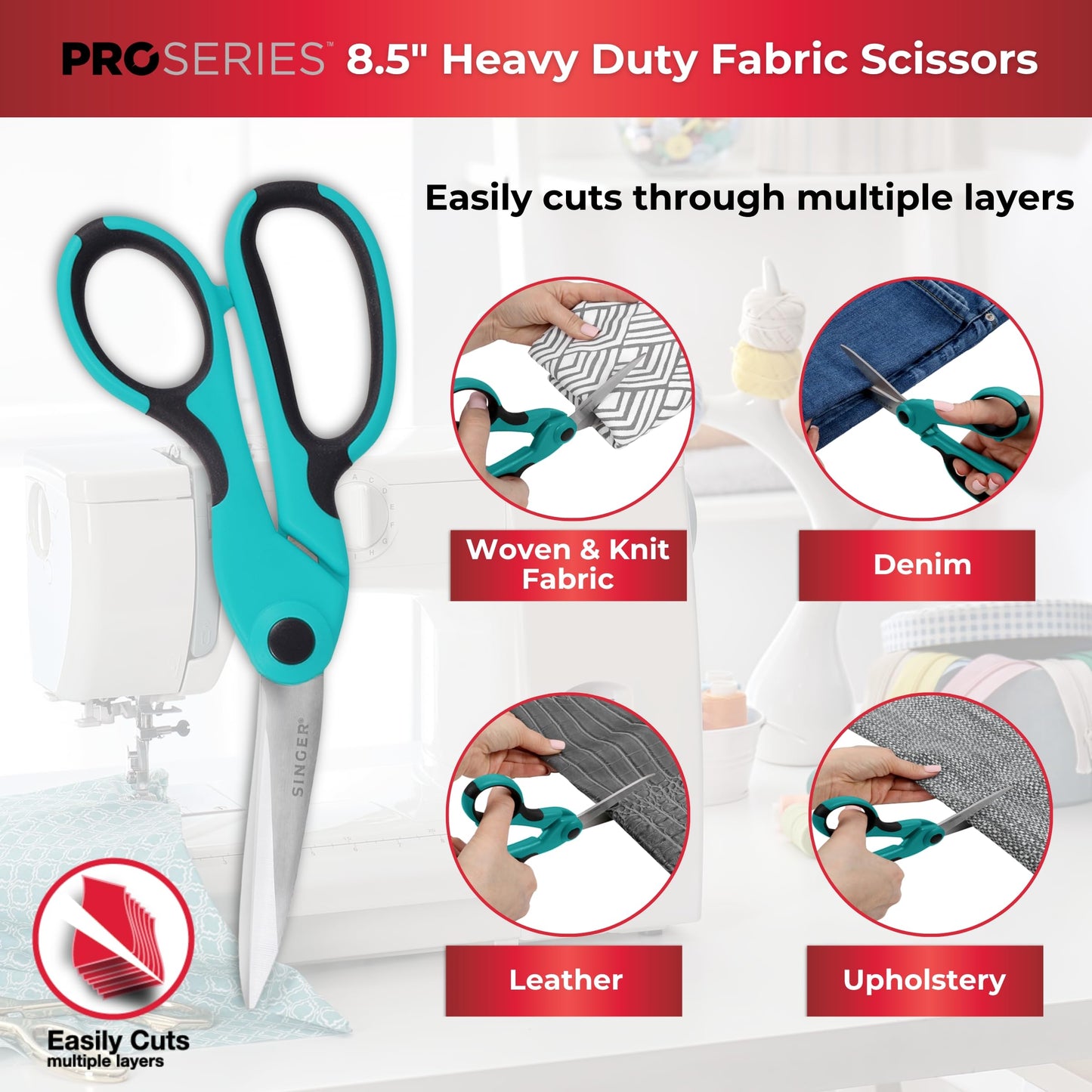 SINGER ProSeries Sewing Scissors Bundle: 8.5" Heavy Duty Fabric, 4.5" Detail Embroidery, 5" Thread Snips With Comfort Grip (Teal)