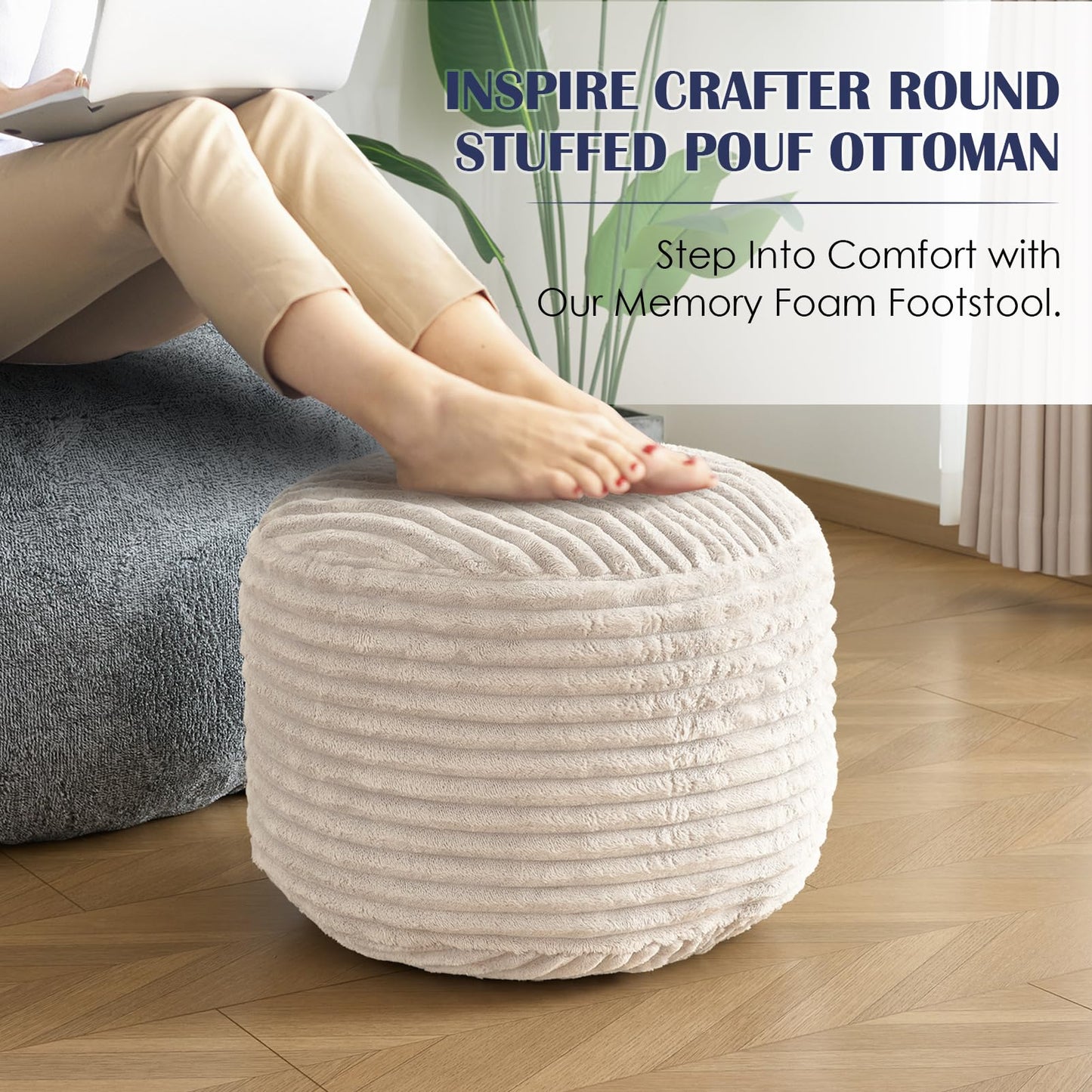 INSPIRE CRAFTER Round Pouf Ottoman,Corduroy Poufs with Memory Foam Filling for Foot Rest,Soft Footstool for Living Room,Office,20"x 15",Beige