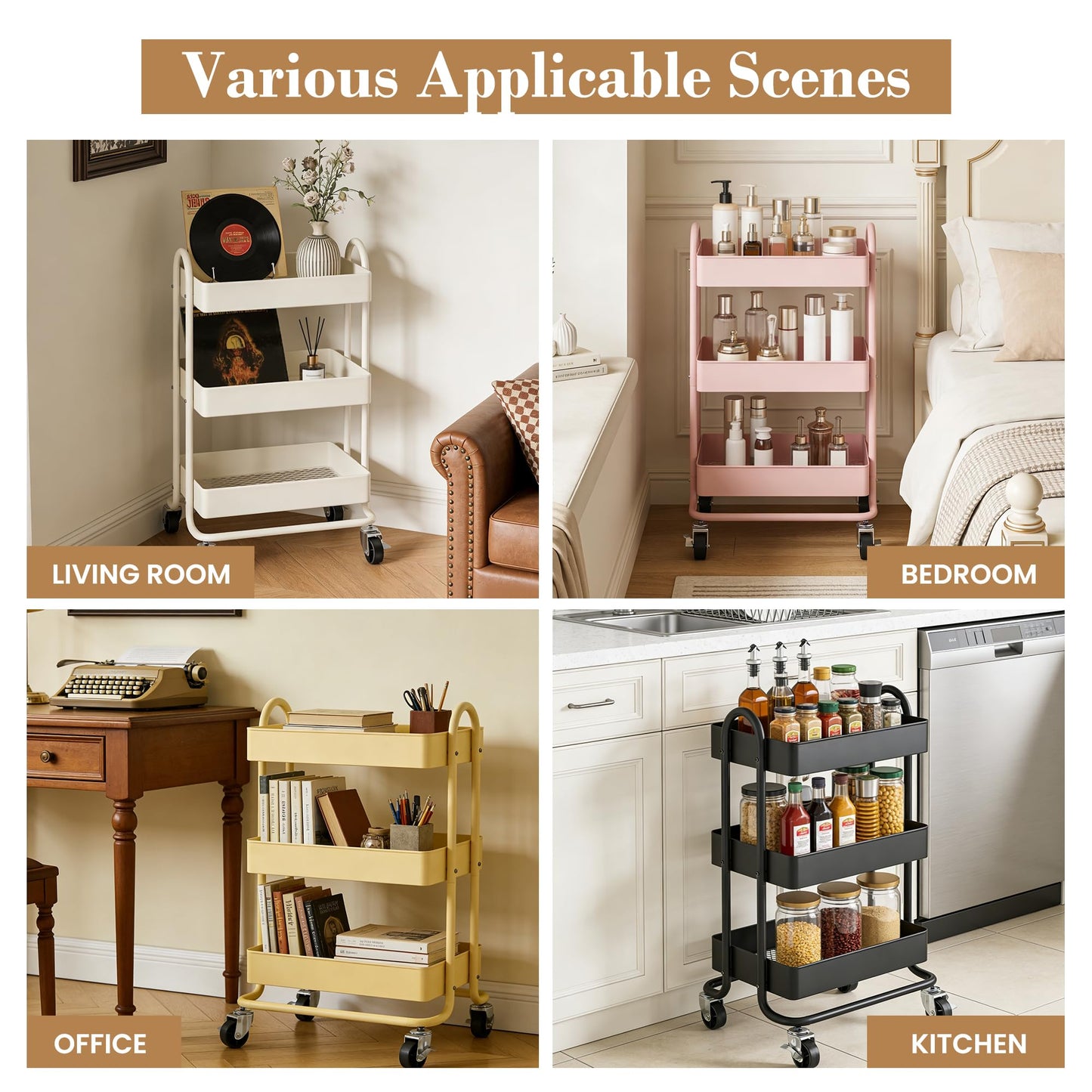 SIMHOMSTOR 3 Tier Metal Rolling Cart, Utility Storage Cart Shelf Organizer with Wheels for Home & Office, Cream