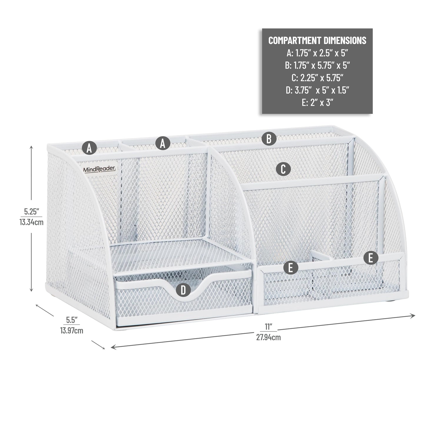 Mind Reader 7-Compartment Desktop Organizer, File & Accessory Storage, Metal Mesh Office Organizer for Desk, Workspace, Mail, White