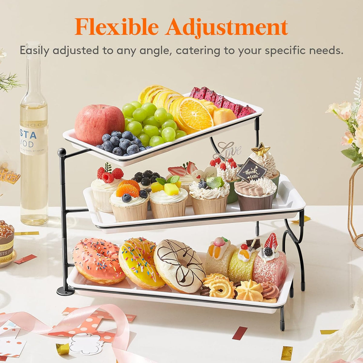 Lifewit 3 Tier Serving Tray, 14" x 6.5" White Plastic Tiered Food Serving Platters, Rotatable Tiered Tray Stand for Party with Black Collapsible Metal Stand, Dessert Table Stands for Cookies, Crackers