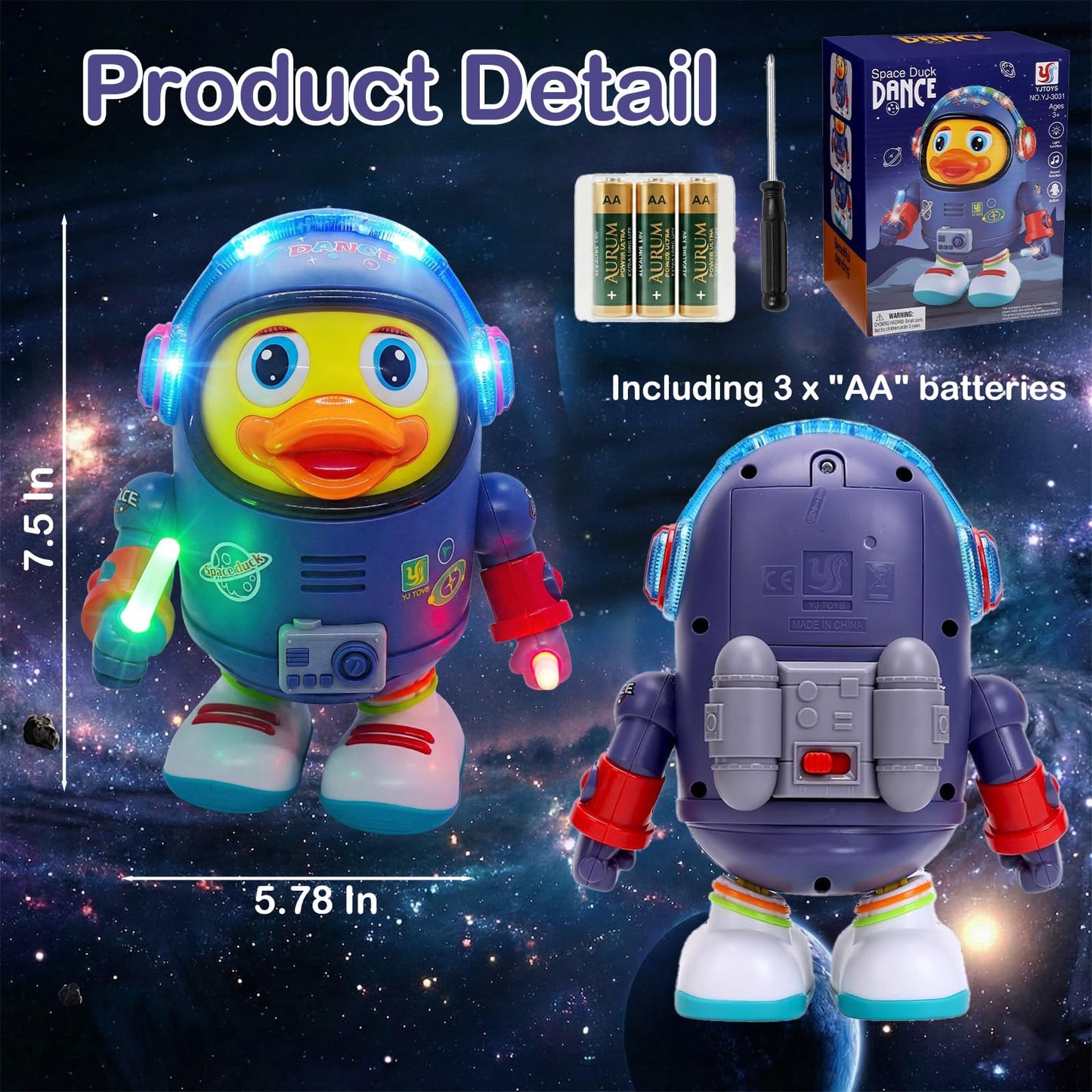 Musical Dancing Space Duck Toy, Walking Duck Robot with Lights & Sounds, Crawling Interaction & Tummy Time Toy for Babies Toddlers Birthday Gift (Blue)