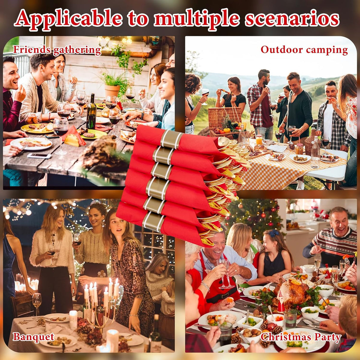 Supernal 30 Pack Gold Plastic Silverware with Red Napkins,Gold Silverware Disposable,Wrapped Plastic Cutlery Set with Napkin,Pre Rolled Silverware Set Disposable,Christmas Cutlery Suitable for Holiday