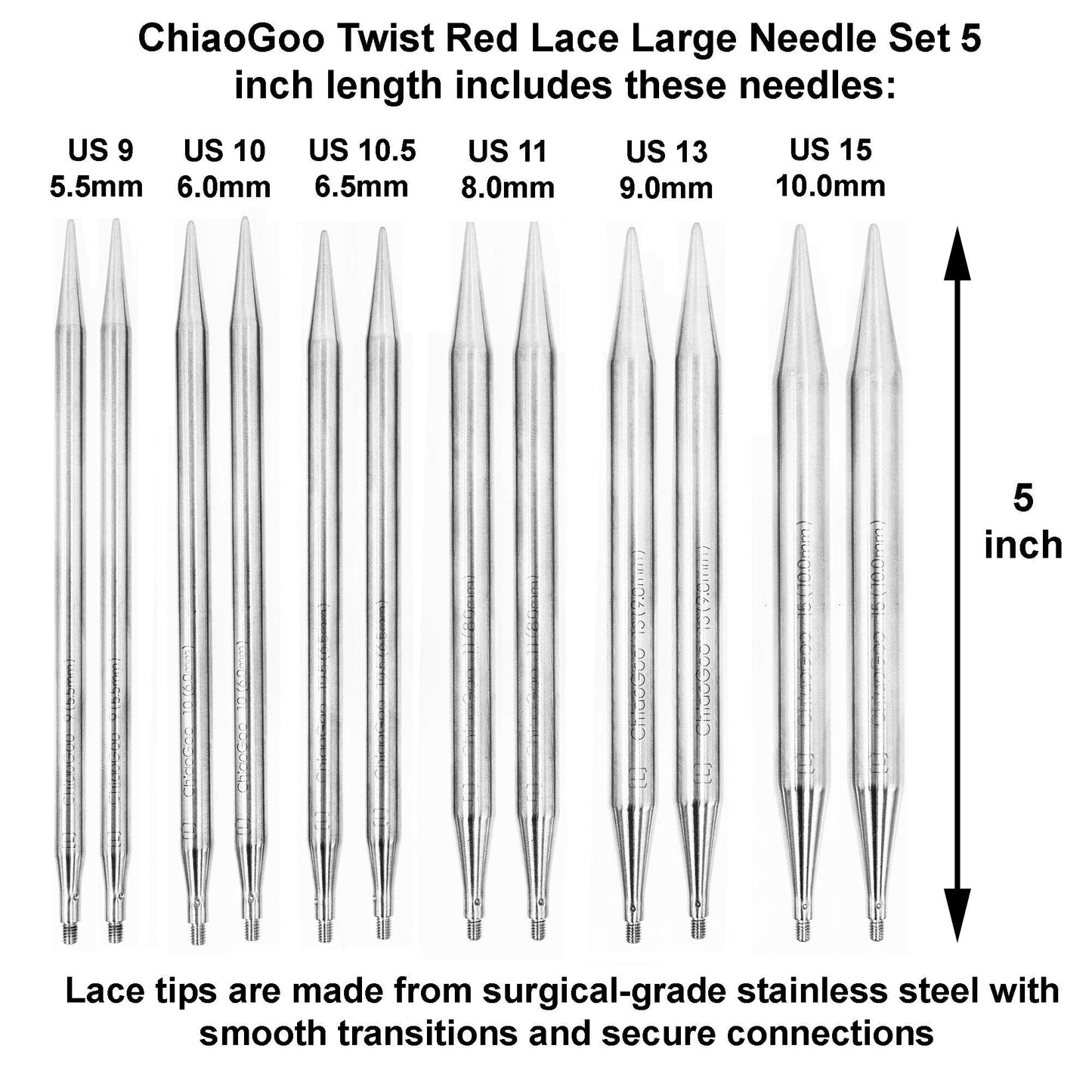 ChiaoGoo Twist Red Lace 5-Inch Large 7500-L Interchangeable Circular Knitting Needle Set, Sizes US 9, 10, 10.5, 11, 13, 15, Stainless Steel with 3 Cords with Project Bag