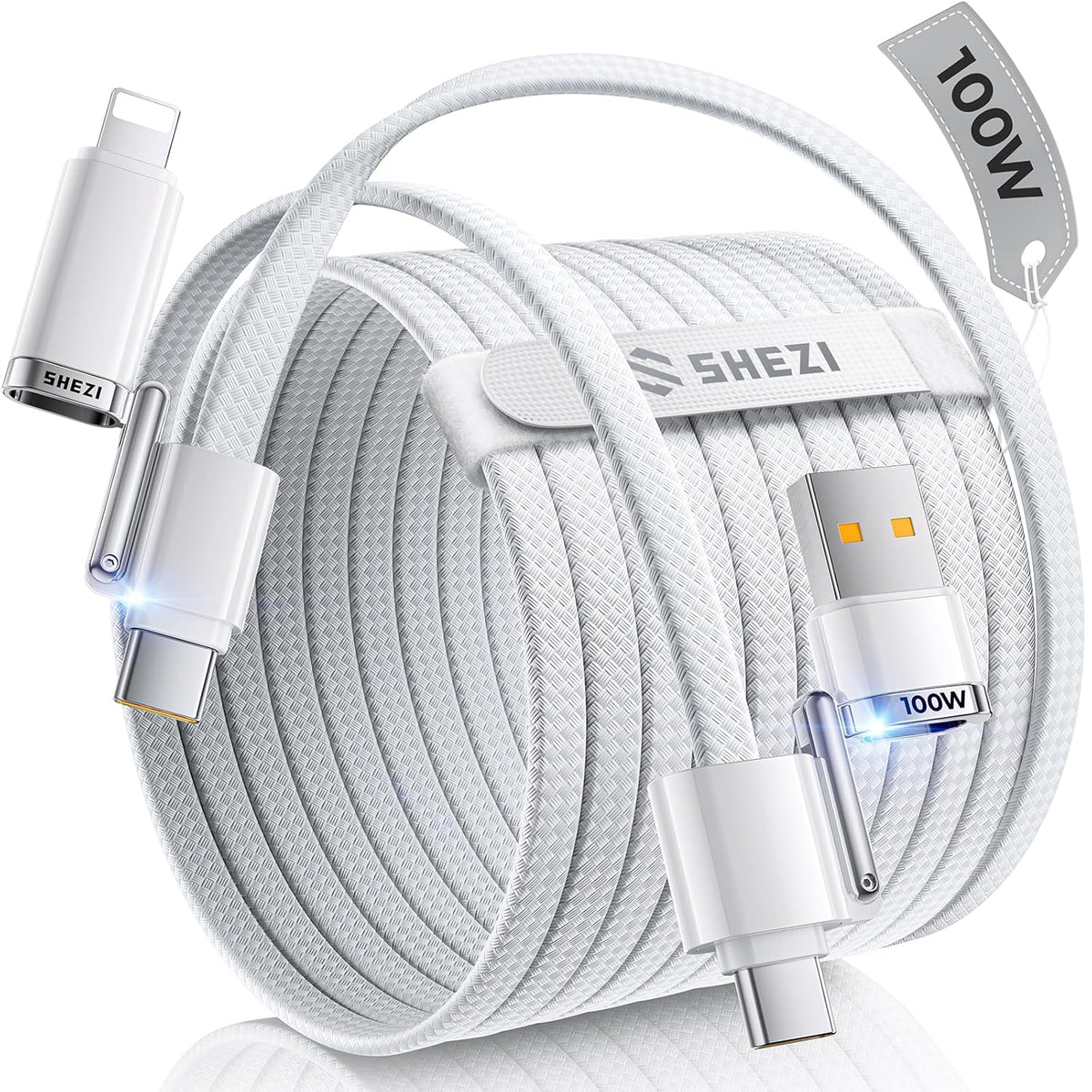 SHEZI 4-in-1 Compatible with USB C to Lightning Cable 100W Fast Charging & Data Transfer, Support to CarPlay & Android Auto, 5FT Multi Cords Charger for iPhone/iPad/Samsung/MacBook Cable, White