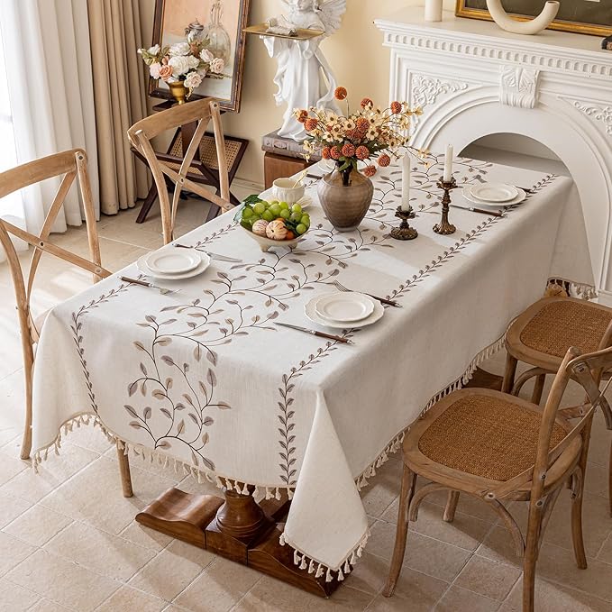 Joyfol Day Rectangle Linen Tablecloth, Heavy Duty Waterproof Tablecloths, Farmhouse Embroidery Leaves Table Cloth with Tassels, Soft Wrinkle Free Table Cover, Coffee Vines, 55''x 70''