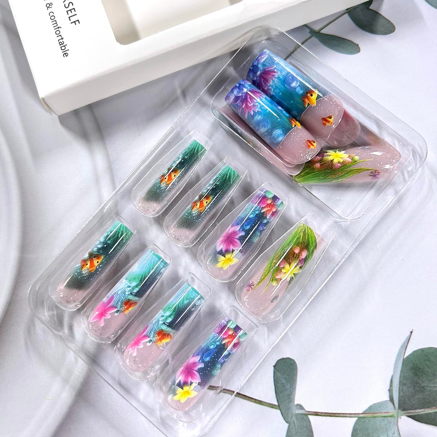 LOPMNGHT Flower Press on Nails Long Square Artificial Acrylic Fingernails Blue Ocean with Clown Fish Starfish Pattern Design Glossy Stick on Nail Full Cover Coffin Artificial Nails for Women 24Pcs