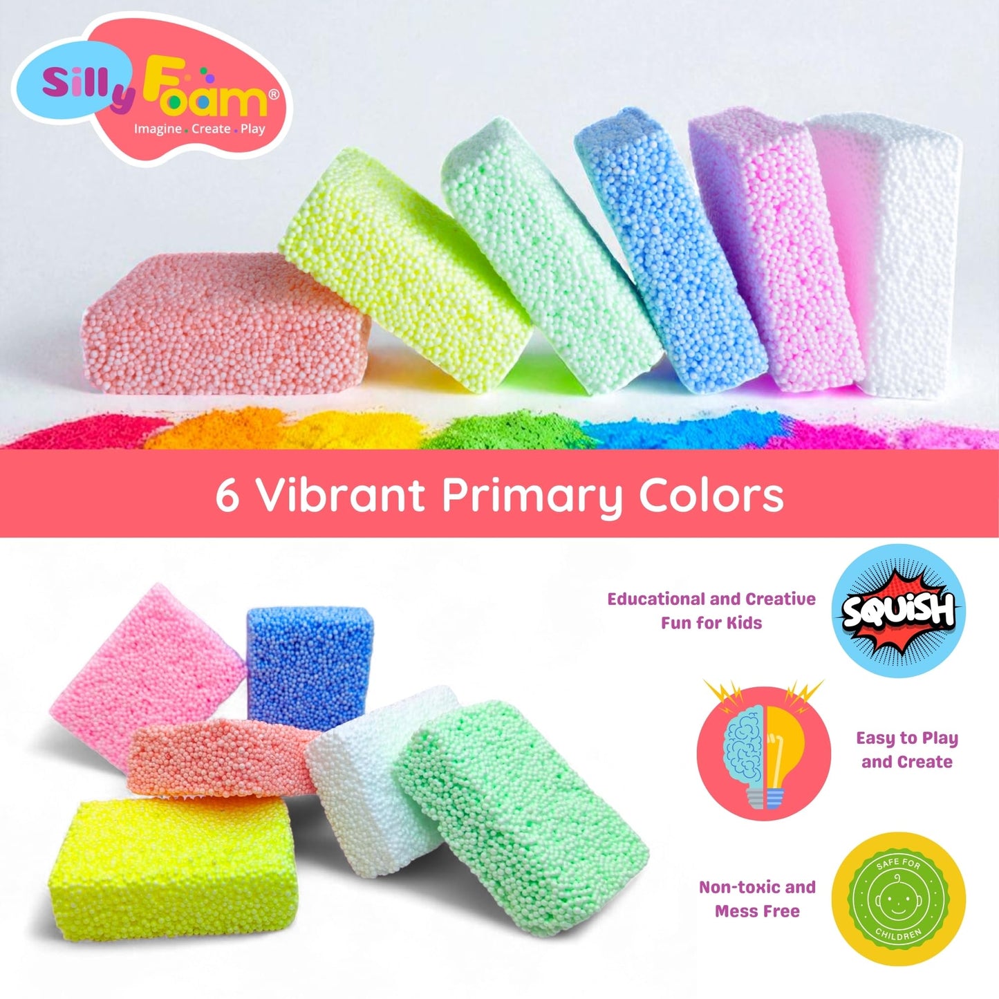 Silly Foam, Creative Modeling Foam Beads, 1-Pack of 6 Neon Pastel Colors, Perfect for Preschool and Kids, Arts & Crafts, Sensory Play, STEM, Travel Toy, Easter Basket Stuffers, Non-Toxic (Age 3+)