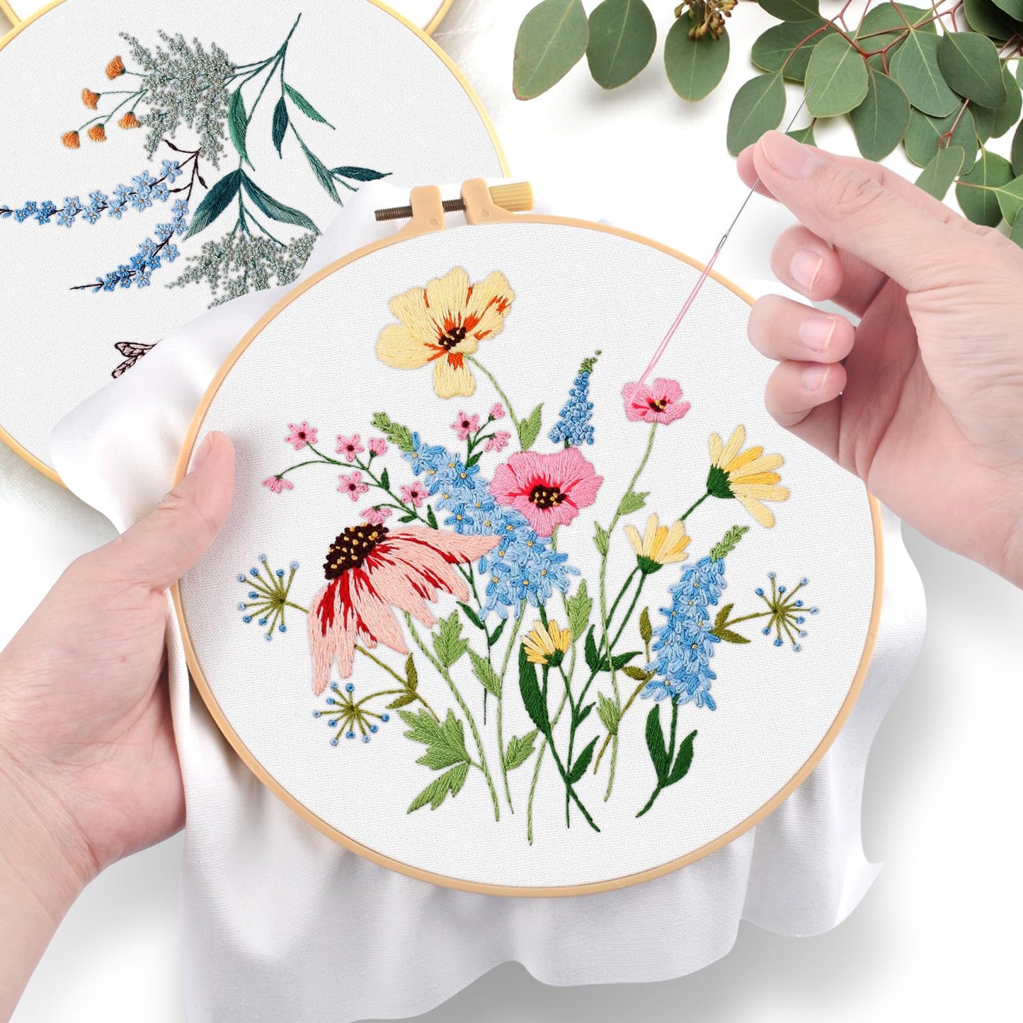 ERKOON Embroidery Kit for Beginners, 5 Sets Flower Cross Stitch Set for Adults Include Embroidery Cloth Hoops Threads for Craft Lover Hand Stitch with Skill Techniques (Flower)