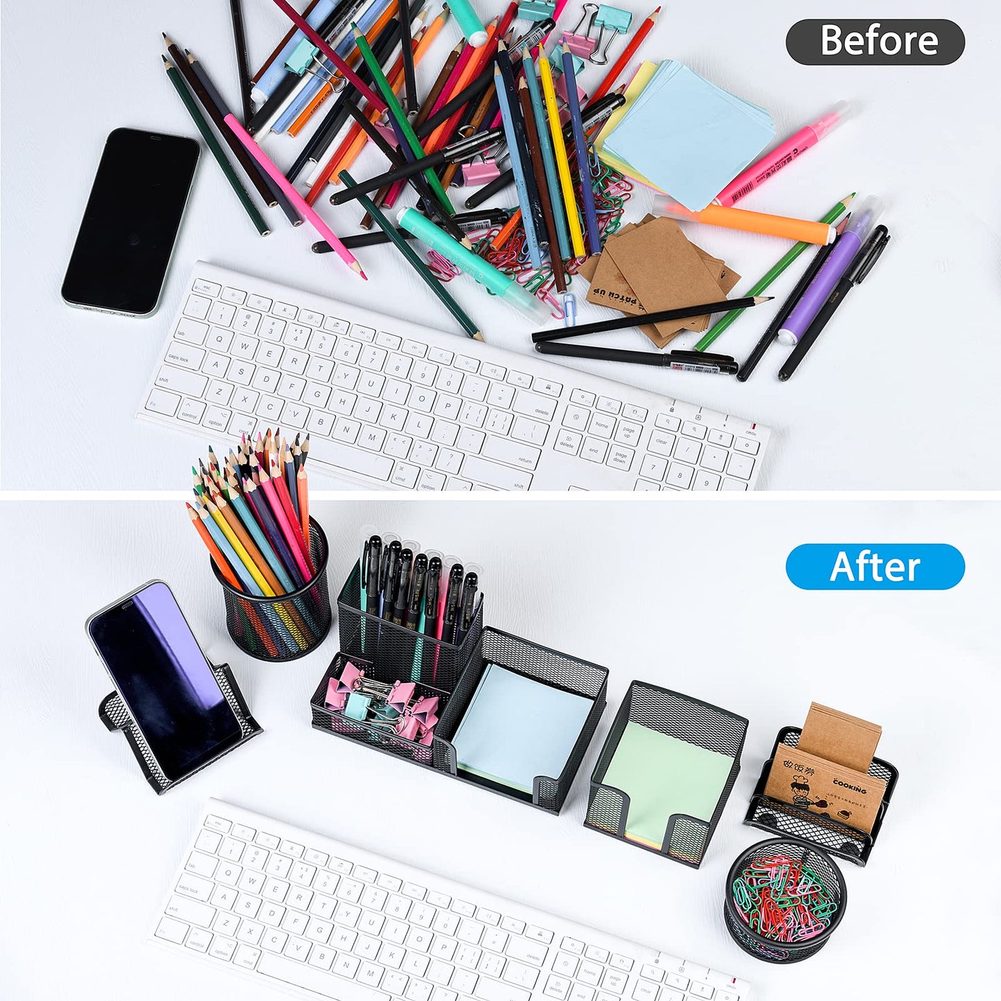 zqanve Desk Organizers set with Mesh Pen Holder Cup, 3 Compartments Black Office Supply Organizer Paper Clips Holder for Office Desk Accessories (6 Piece set, Black)