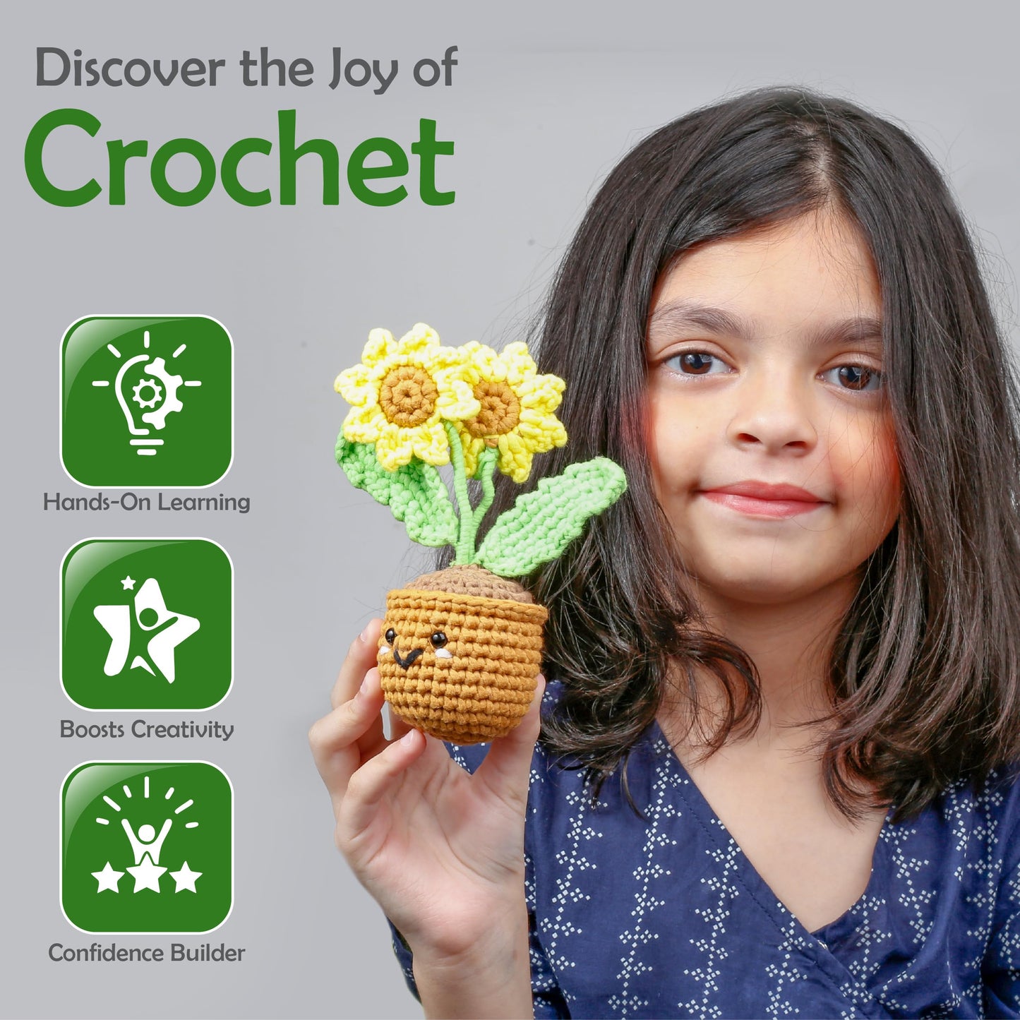 A-URA Learn to Crochet Kit for Beginners Kids and Adults, Premium Pattern Sunflower Beginner Crochet Kits with Easy Tube Yarn & Step-by-Step Video Tutorials