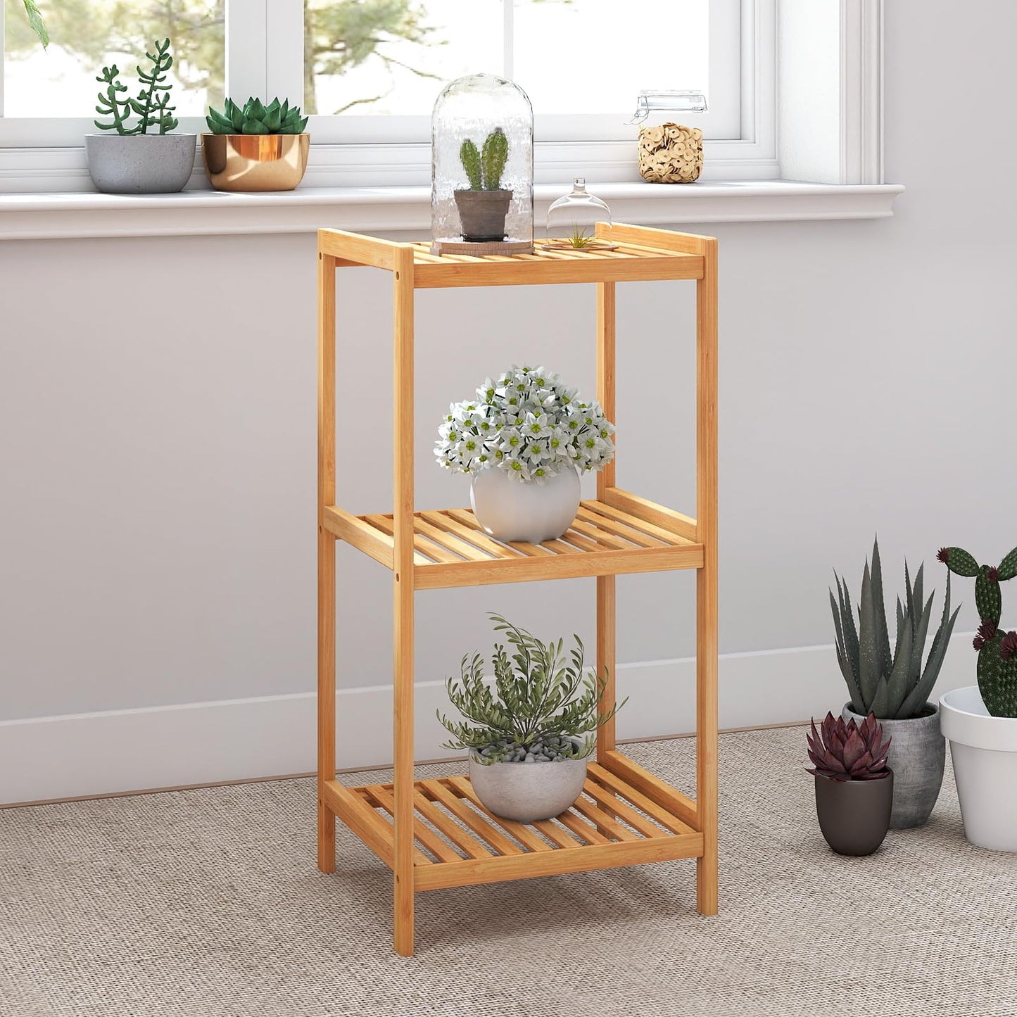 kinbor 3-Tier Bamboo Shelf Freestanding - Space-Saving Bathroom Standing Shelf & Plant Stand, 3 Shelf Bookcase for Kitchen, Living Room, Office (Natural Bamboo, Easy Assembly)