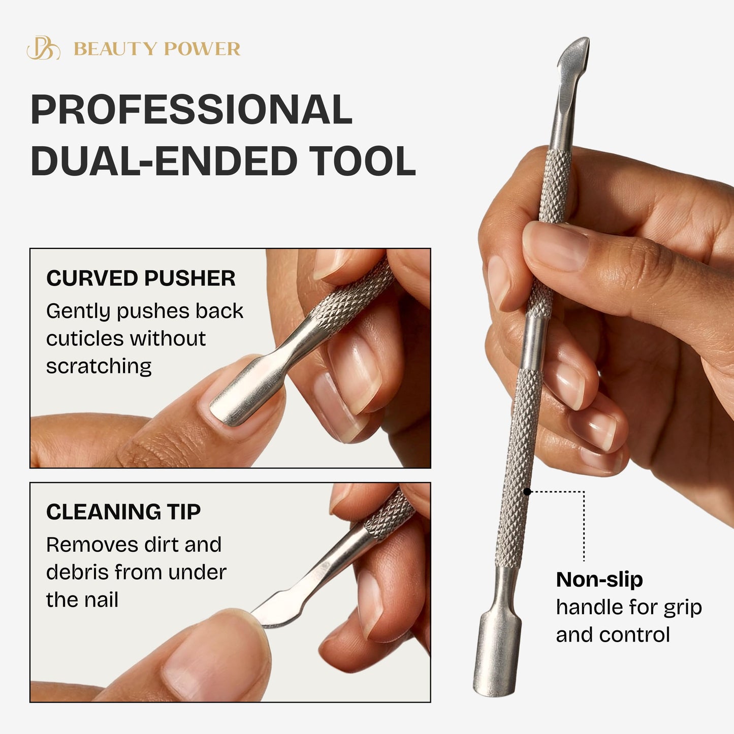 Beauty Power Cuticle Trimmer with Cuticle Pusher & Nano Nail File - Cuticle Nipper Cuticle Remover - Professional Stainless Steel Clippers Pedicure Manicure Tools for Fingernails - Gift Idea