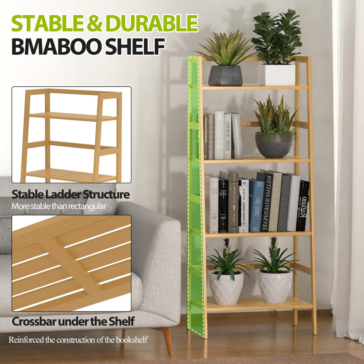 Thalomely Bamboo Bookshelf, 4-Tier Ladder Shelf Freestanding Space Saver Open Bookcase Book Shelf, Bamboo Storage Shelving Unit Flower Plant Stand for Living Room, Bathroom, Home Office, Natural