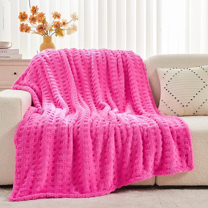 NEWCOSPLAY Super Soft King Blanket Pink Premium Silky Flannel Fleece 3D Waffle Checkered Lightweight Bed Blanket All Season Use (Hot Pink, King(90"x110"))
