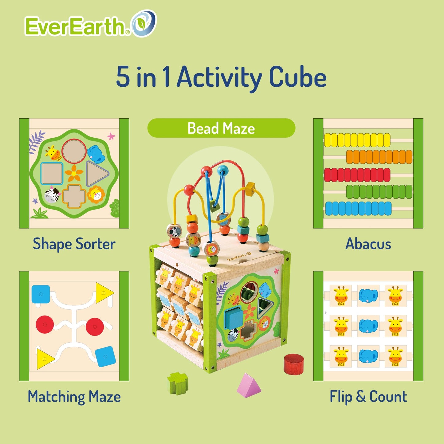 EverEarth Wooden Activity Cube with Bead Maze, 5 in 1 Activity Center, Educational Learning Montessori Toys for Toddlers for Kids 1+, FSC Certified