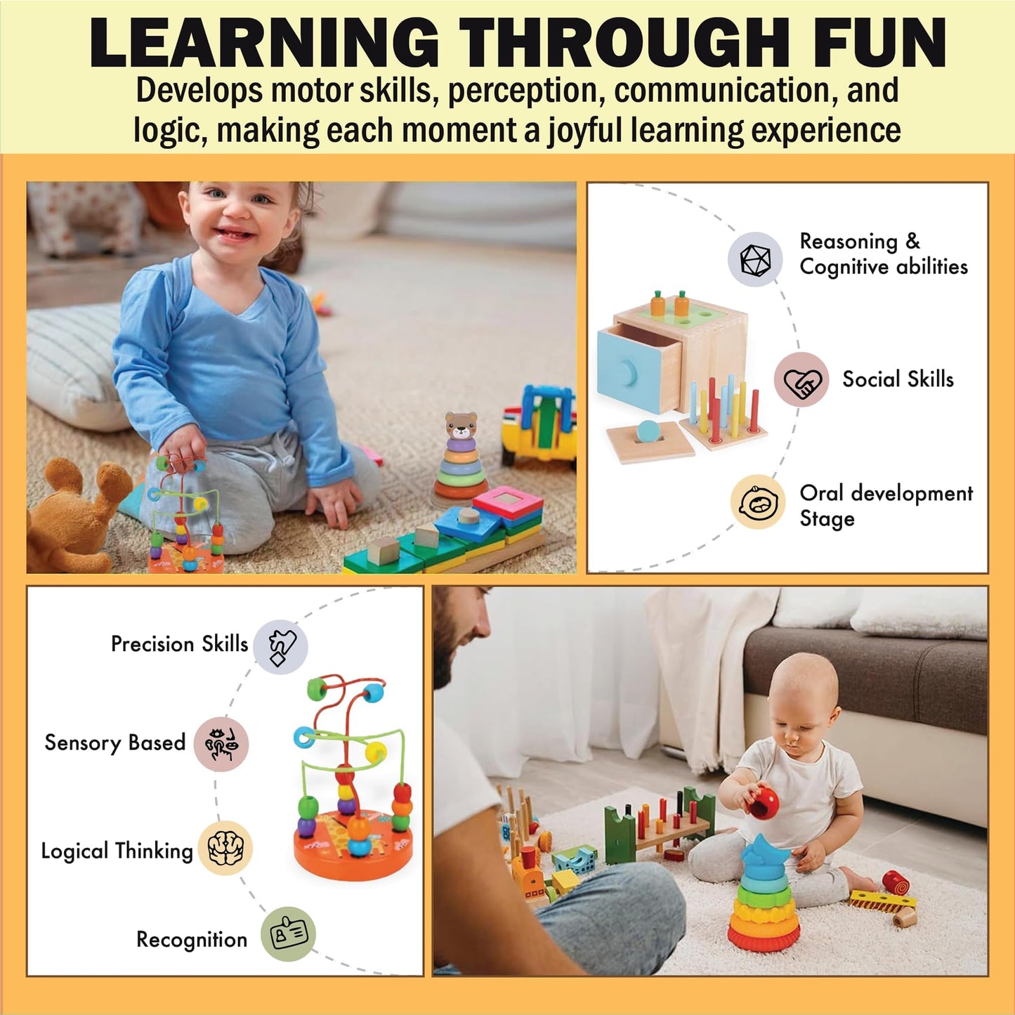 123 BABY BOX 6-in-1 Montessori Learning Toys for 13-18 Months - Toddler Developmental Activity Set with Bear Tower, Pound Bench, Beads Coaster & More Educational Wooden Toys