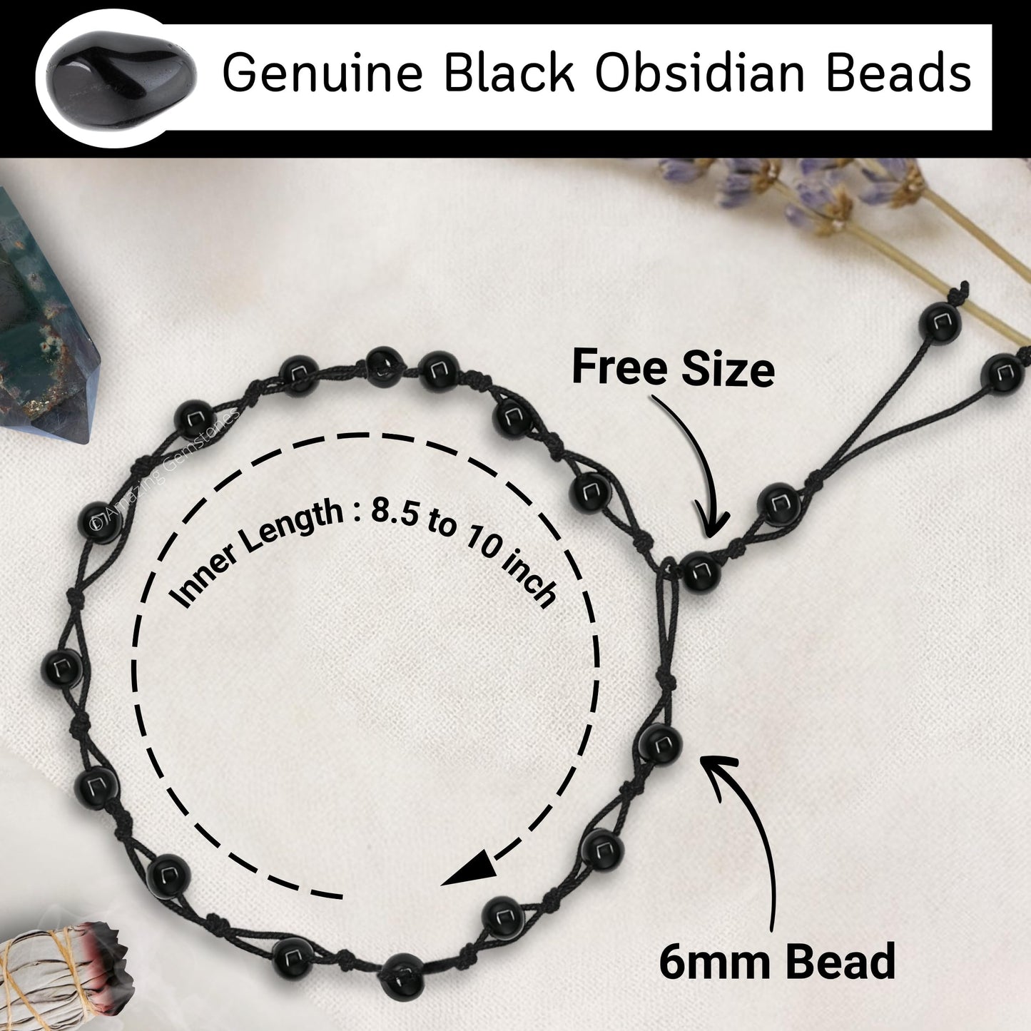Amazing Gemstone Black Obsidian Anklet Ankle Bracelets for Women - Waterproof Beaded Healing Crystal Anklets, Plus Size Chakra Gemstone Bead Anklet (Stretchy Adjustable - Hand Knotted)