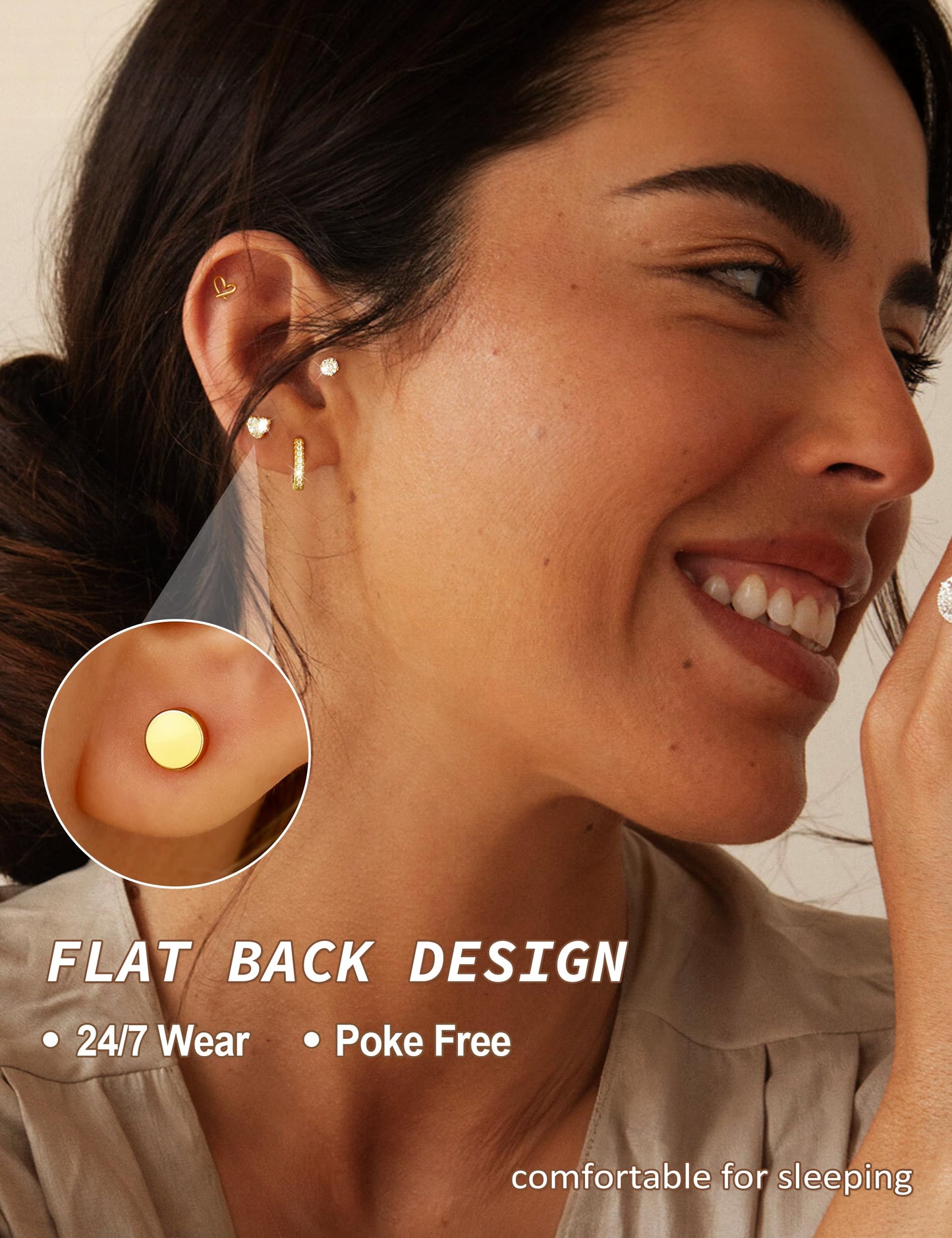 Hypoallergenic Gold Stud Earrings for Women - 14k Gold Plated Surgical Stainless Steel Flat back Earrings Set Small Huggie Hoop Flatback Earring for Sensitive Ears Screw Back Cartilage Piercing Jewelry