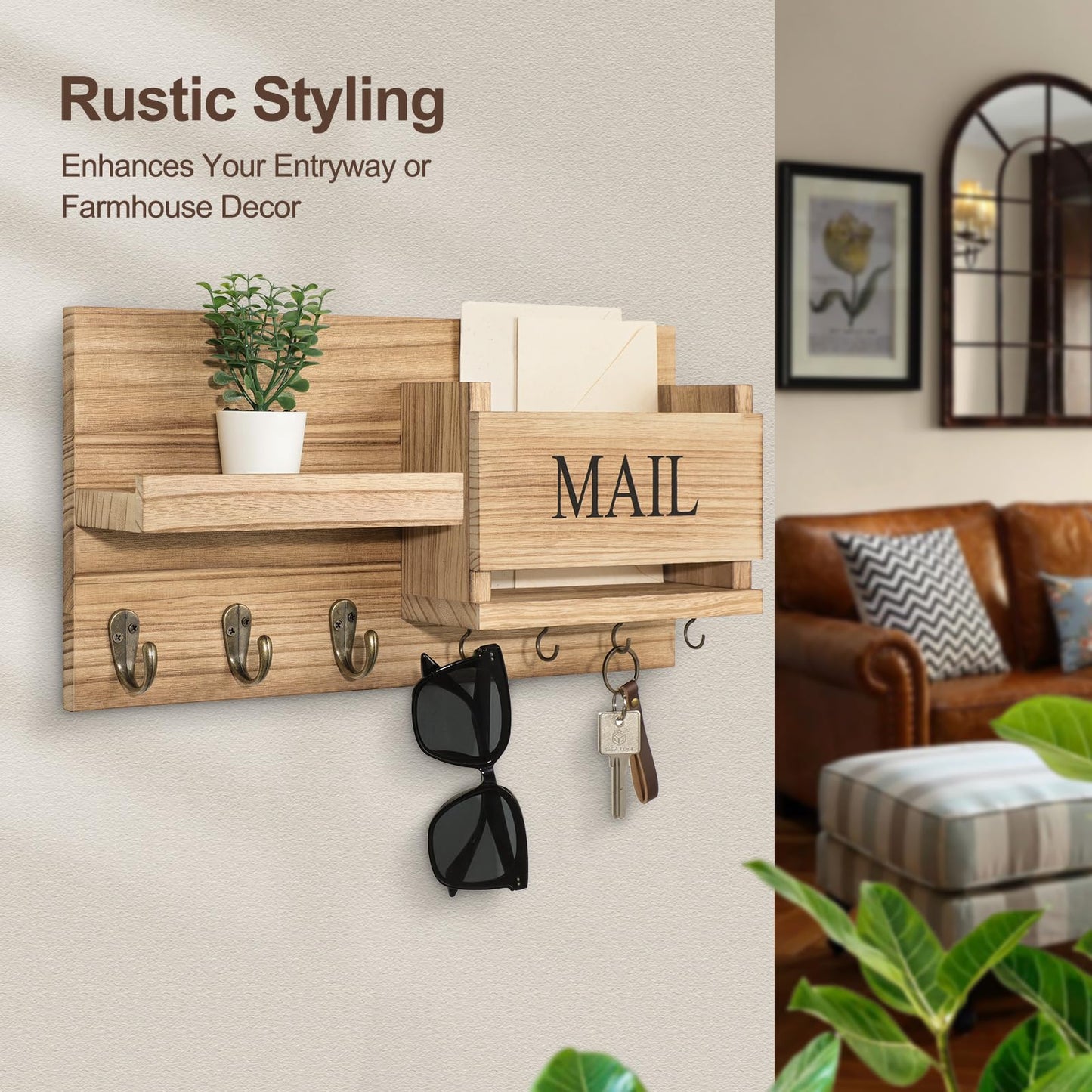 Lwenki Mail Organizer for Wall Mount – Key Holder with Shelf Includes Letter Holder and Hooks for Hallway Farmhouse Decor – Rustic Wood with Flush Mounting Hardware (16.5” x 9.1” x 3.4”) (Wood)