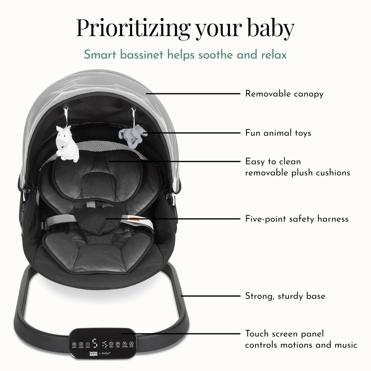Evolur Comfort Cocoon Baby Swing with TUYA Voice Control, 5-Speed Sway with Remote, Touchscreen Motion & Music, Removable Canopy & Toys, 5-Point Safety Harness – Black