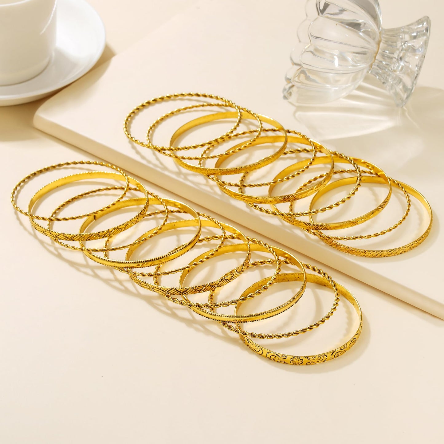 AYWFCBF 19 Pcs Gold Bangles for Women Stackable Indian Bangles Multi Layer Textured Retro Gold Bracelets Jewelry Set Gifts for Women