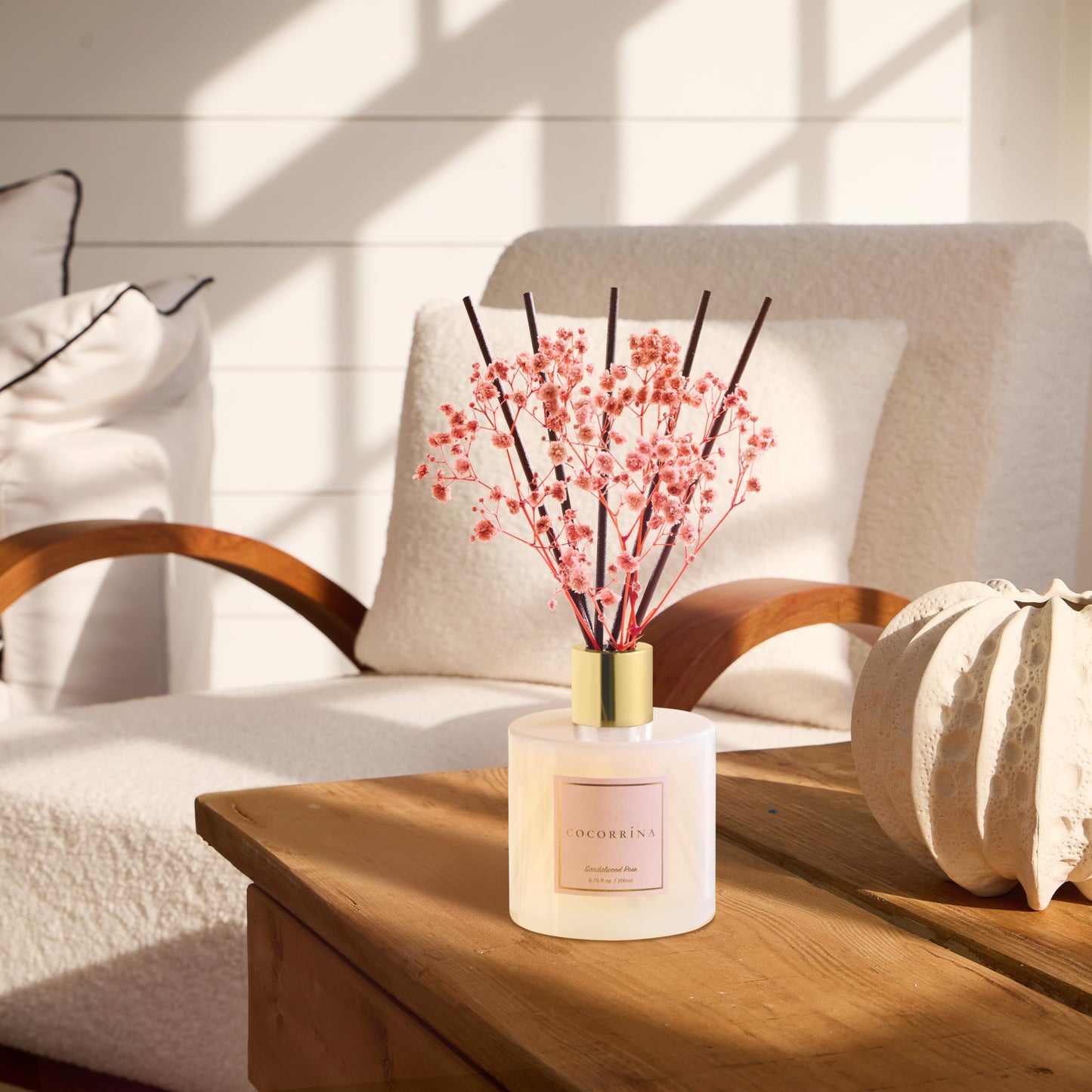 Cocorrína Premium Reed Diffuser Set with Preserved Baby's Breath & Cotton Stick Sandalwood Rose | 6.7oz Scent Fragrance Oil Diffuser for Bedroom Bathroom Home Décor