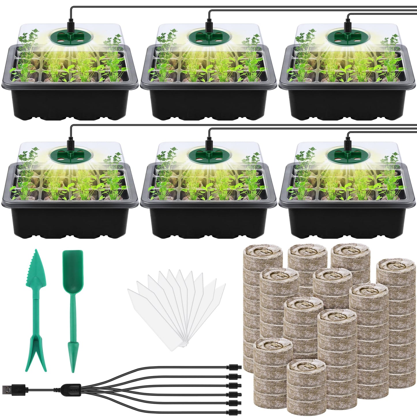 Hahood 6 Pack Seed Starter Tray Kit with Grow Light and Humidity Dome Germination Trays with 72 Peat Pellets, Plant Labels, Gardening Tools, Plant Growing Trays for Seeds Growing Starting, Black
