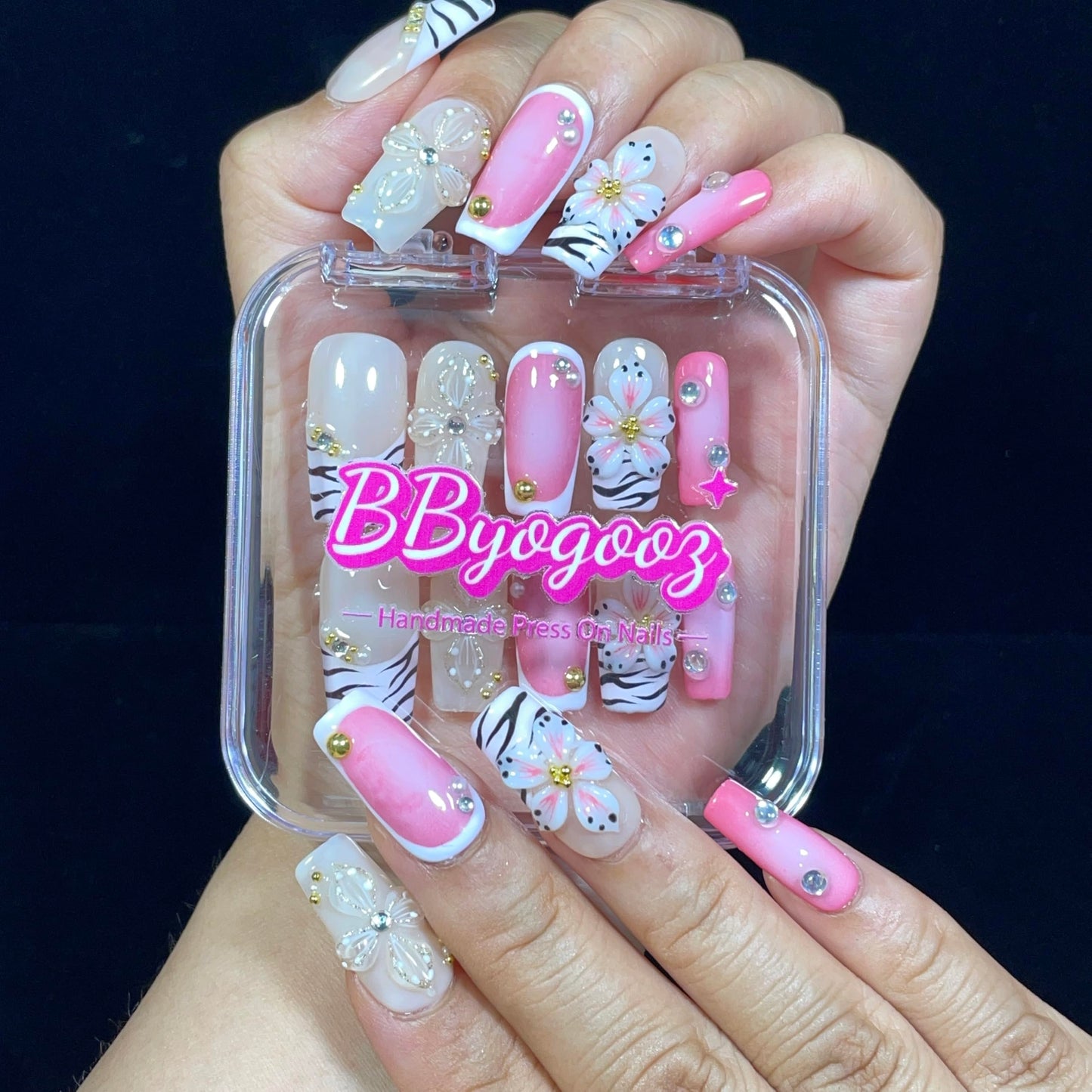 Handmade Press On Nails Short-Medium Square Bold Pink Zebra Stripes & 3D Floral | Glitter Flowers With Gold Accent | Reusable Acrylic Fake Nails for Parties & Daily (Pink Zebra, L)