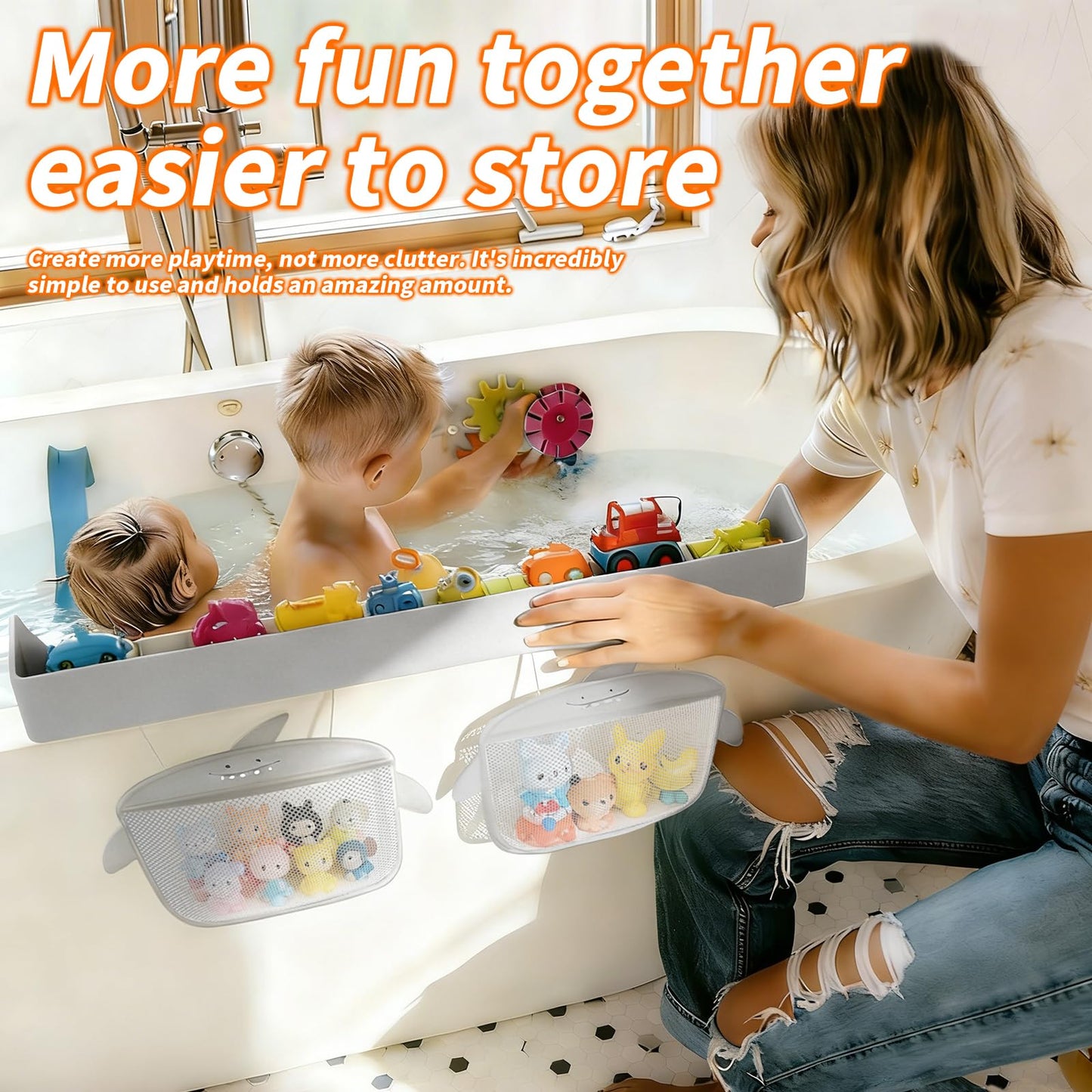 Grihmzo Extra-Long 31.5 Inch Bathtub Splash Guard for Kids,2 Storage Pockets Large Capacity Bath Toy Caddy Holder,Silicone Water Shield Prevent Bathroom Spills