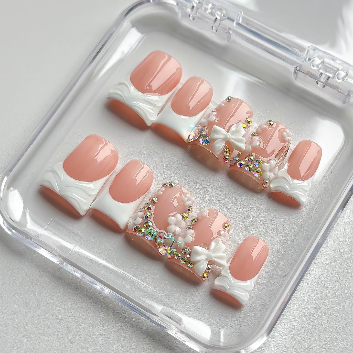 Luxury Press on Nails Short Duck Handmade 3D Unique Reusable ABS Material Fake Nails White French Tip False Nails with Designs Flower Butterfly Rhinestones Glossy Glue on Nail Thick Acrylic Nail(M)