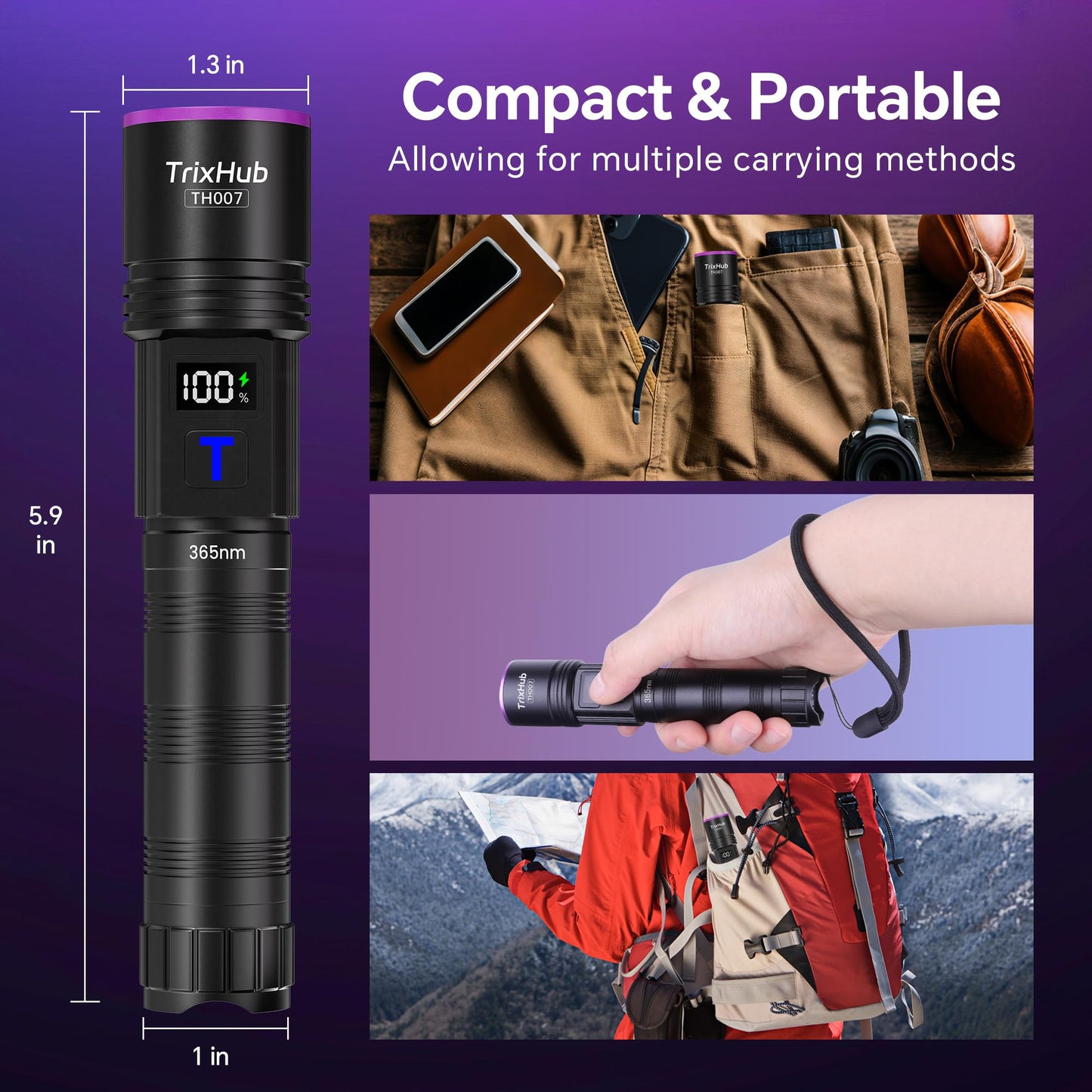 TrixHub 365nm Black Light Flashlight, UV Flashlight Rechargeable with LCD Display, Powerful Ultraviolet Lights for Pet Urine Detection, Resin Curing, Rockhounding, Scorpion, Uranium Glass, A/CLeak