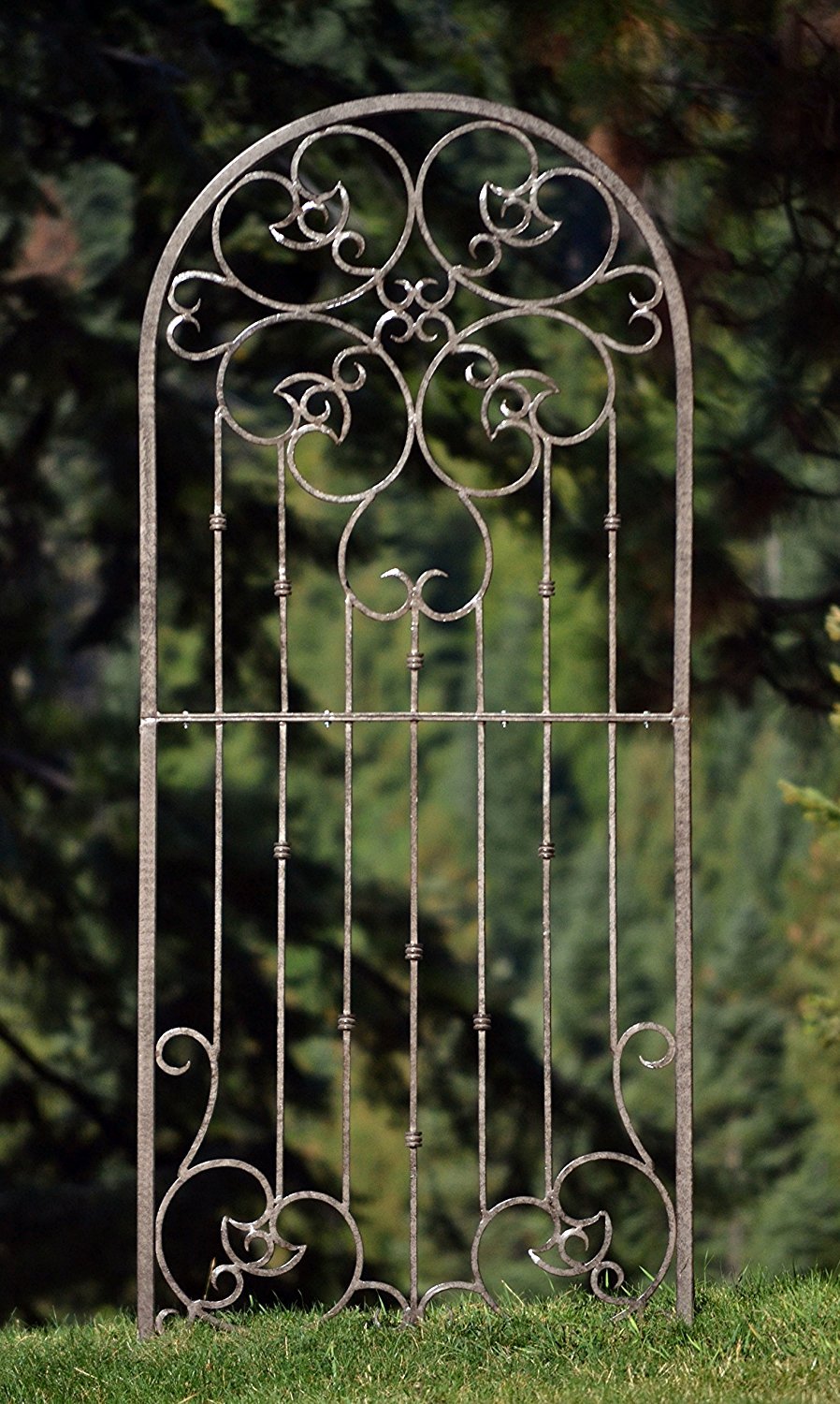 H Potter 72” Heavy Duty Garden Trellis – 60 lb Solid Iron Scrollwork Panel, 1” Metal Frame with Ground & Stabilizing Stakes (Charcoal Brown)