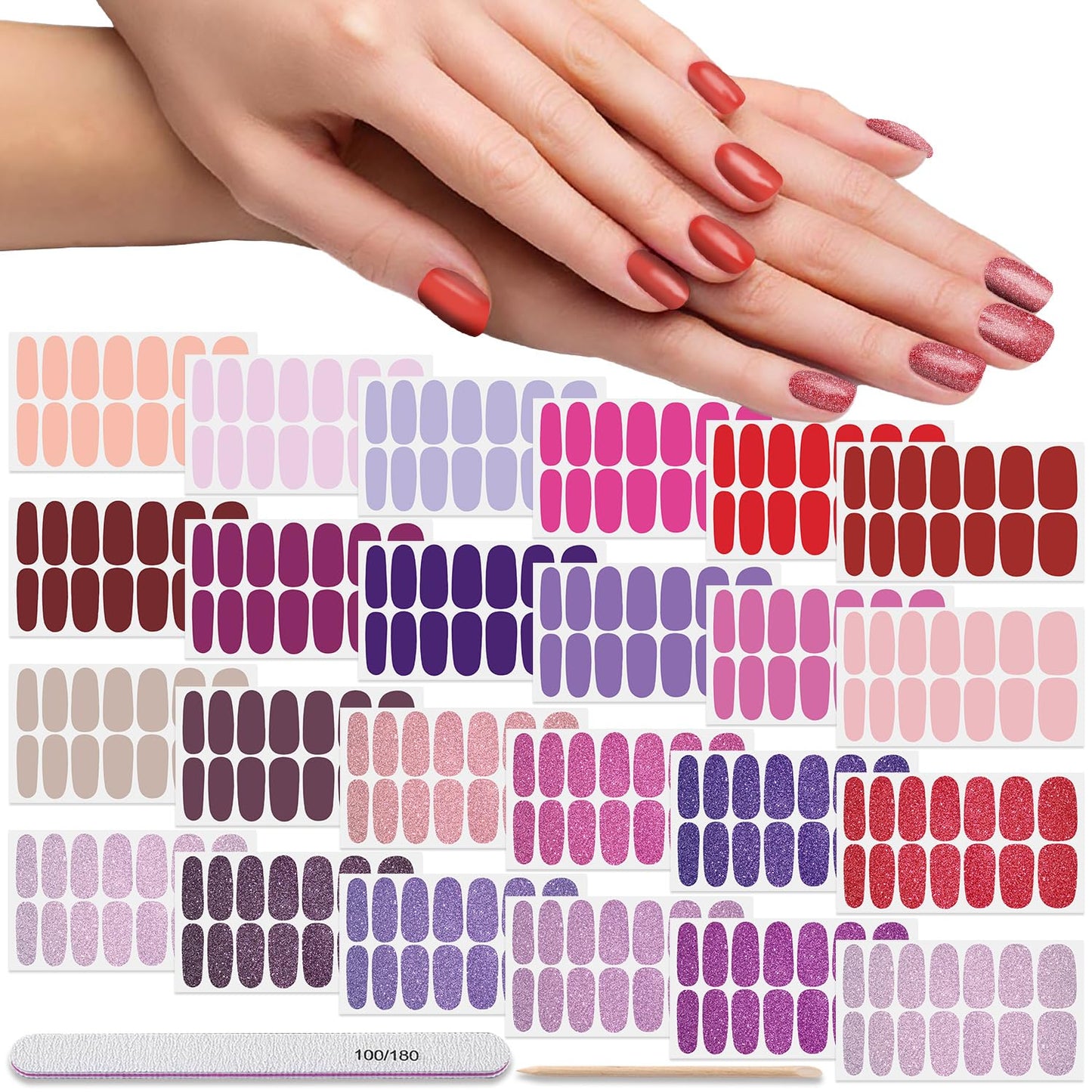 DANNEASY 24 Sheets Solid Color Nail Polish Strips Glitter Nail Wraps Gel Nail Strips Self Adhesive Nail Polish Stickers for Women Fingernails Nail Art Accessories with Nail File, Cuticle Stick