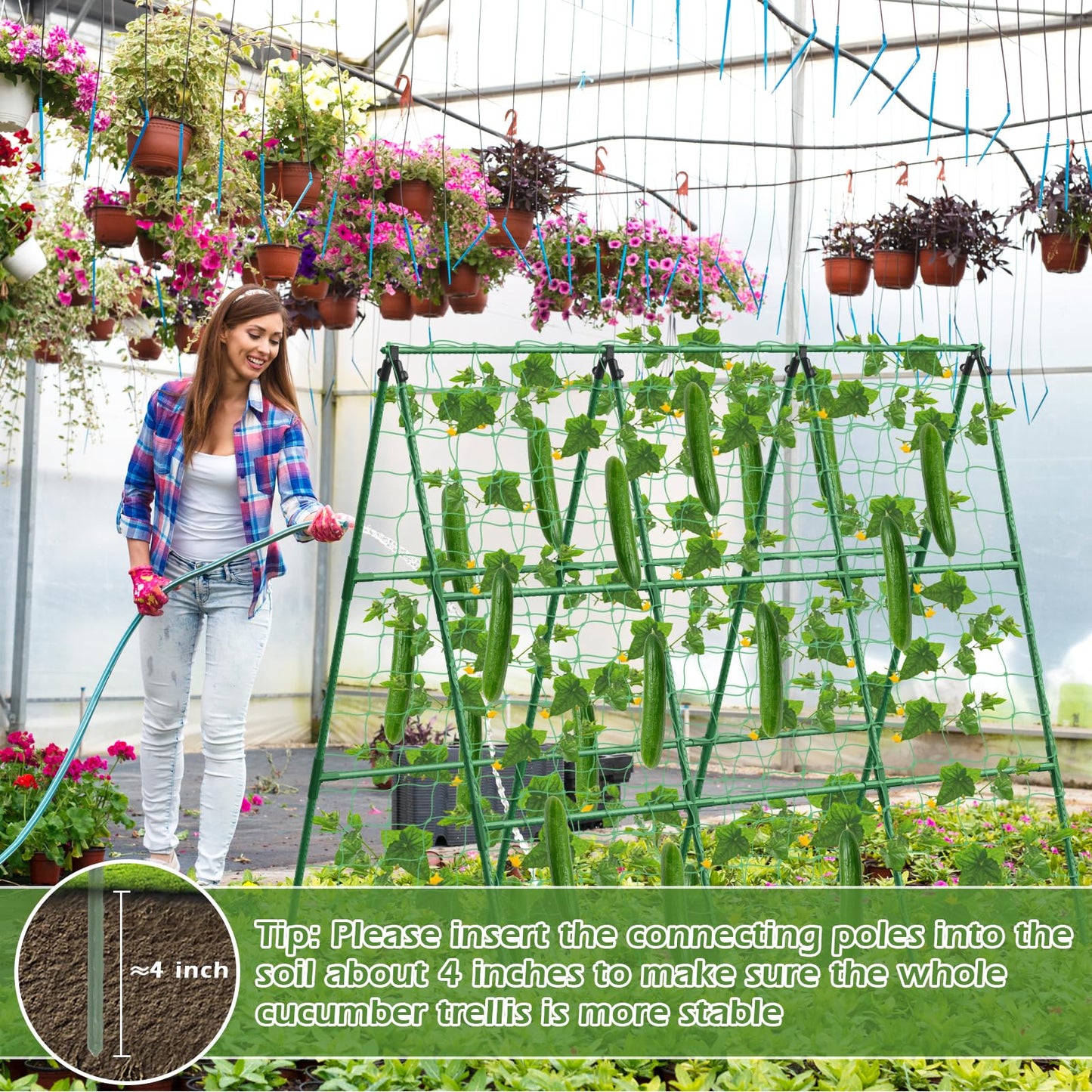 Cucumber Trellis for Raised Beds, 45 x 53 Inch Adjustable Size A-Frame Garden Trellis for Climbing Plant Outdoors with Climbing Net and Plant Support Clip for Vegetable Grape Tomato Bean Pea