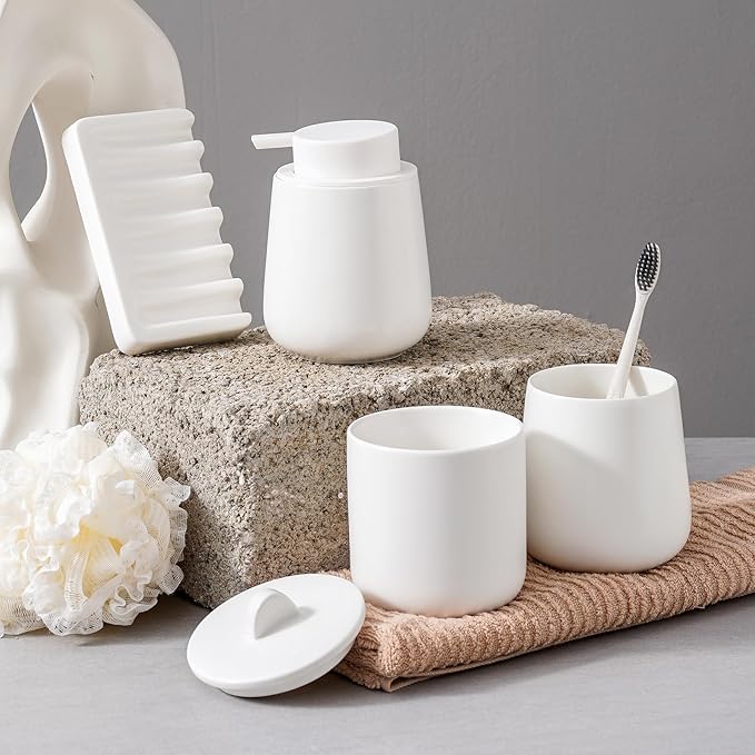 Ceramic Bathroom Accessories Set,Foam Soap Dispenser and Toothbrush Holder Set, Soap Dish, Apothecary Jars,4 Pieces for Home Apartment Modern Bathroom Decor Vanity Countertop(White Set - Foam)