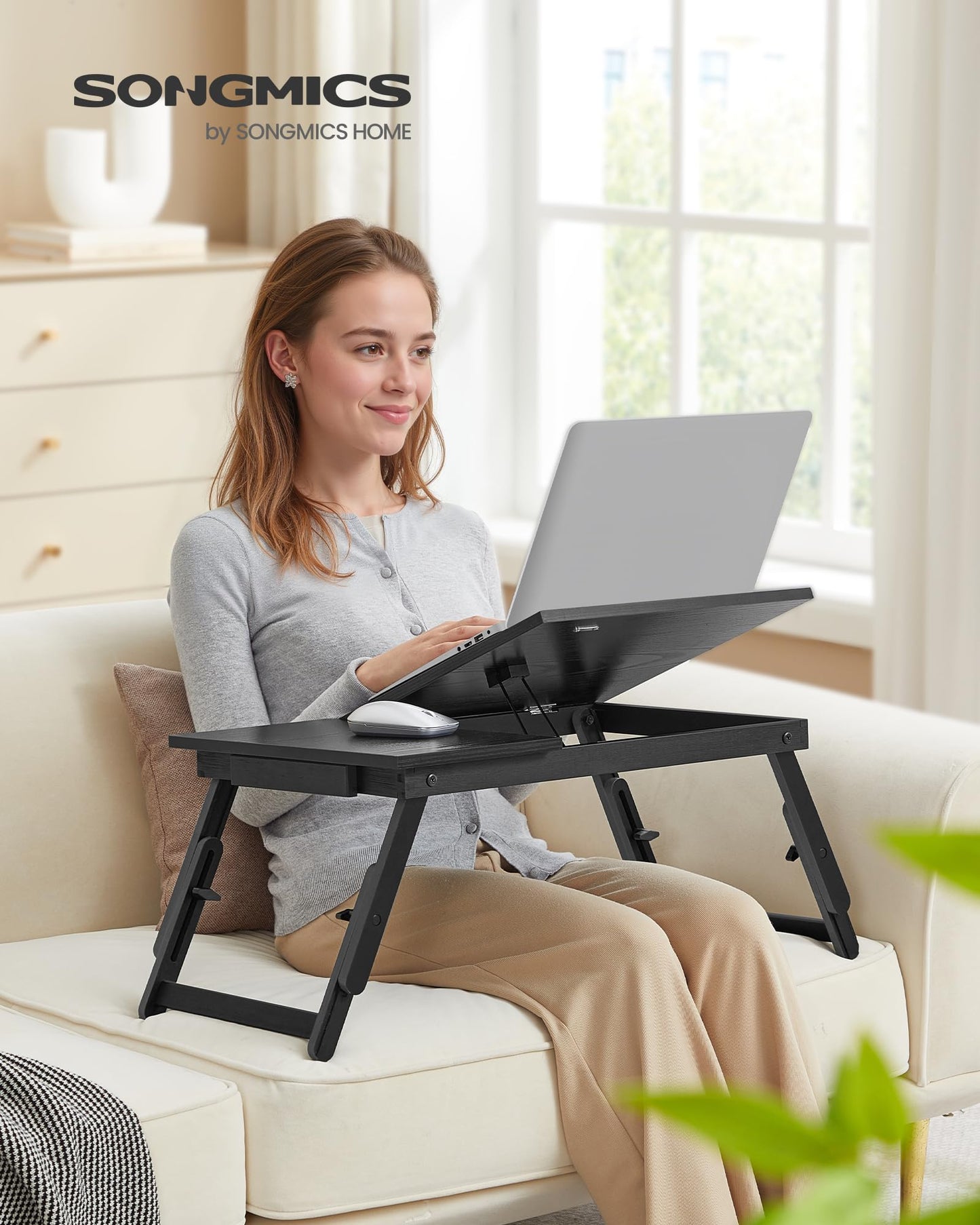 SONGMICS Bed Laptop Desk, Folding Bed Tray for Laptop up to 15.6 Inches, Adjustable Angle and Height, Portable for Working Reading Writing Breakfast, Bamboo Legs, Drawer, Ebony Black ULLD105BE01