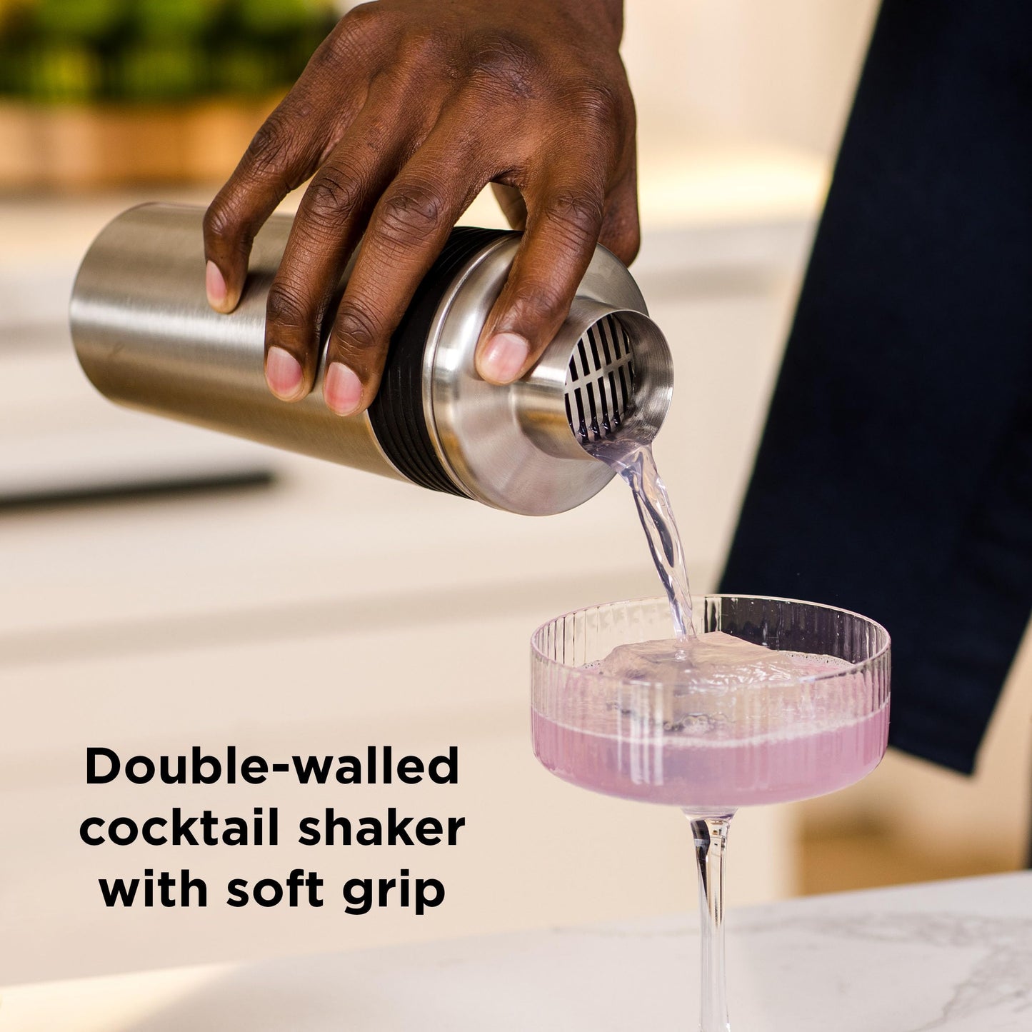 Rabbit 6-Piece Bar Tool Set - Stainless Steel Cocktail Shaker with Integrated Strainer, Muddler, Stir Spoon, Double Jigger, Hawthorne Strainer and Stand