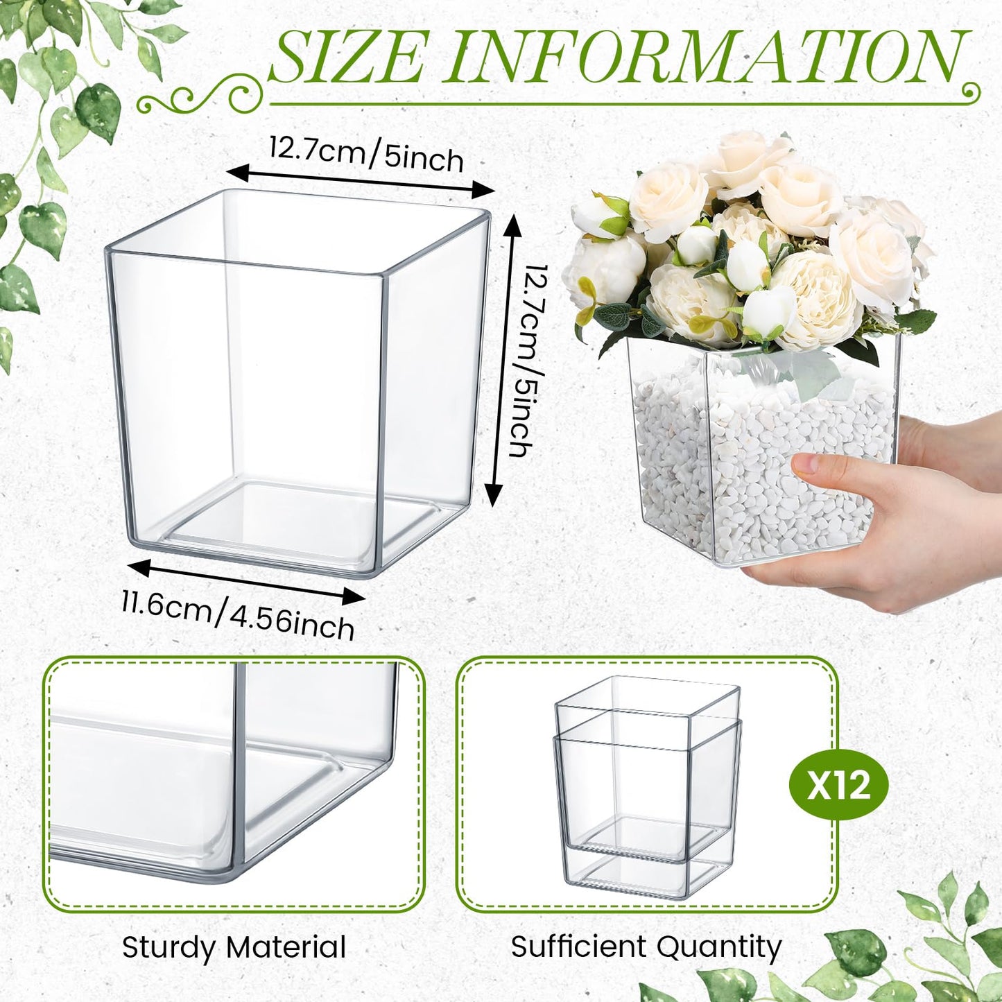 Tioncy 12 Pcs Clear Square Vase 5'' x 5'' Acrylic Flower Plastic Vases for Centerpieces Acrylic Cube Plastic Container Bulk Succulent Pots Planters for Plant Wedding Home Office Floral Decor