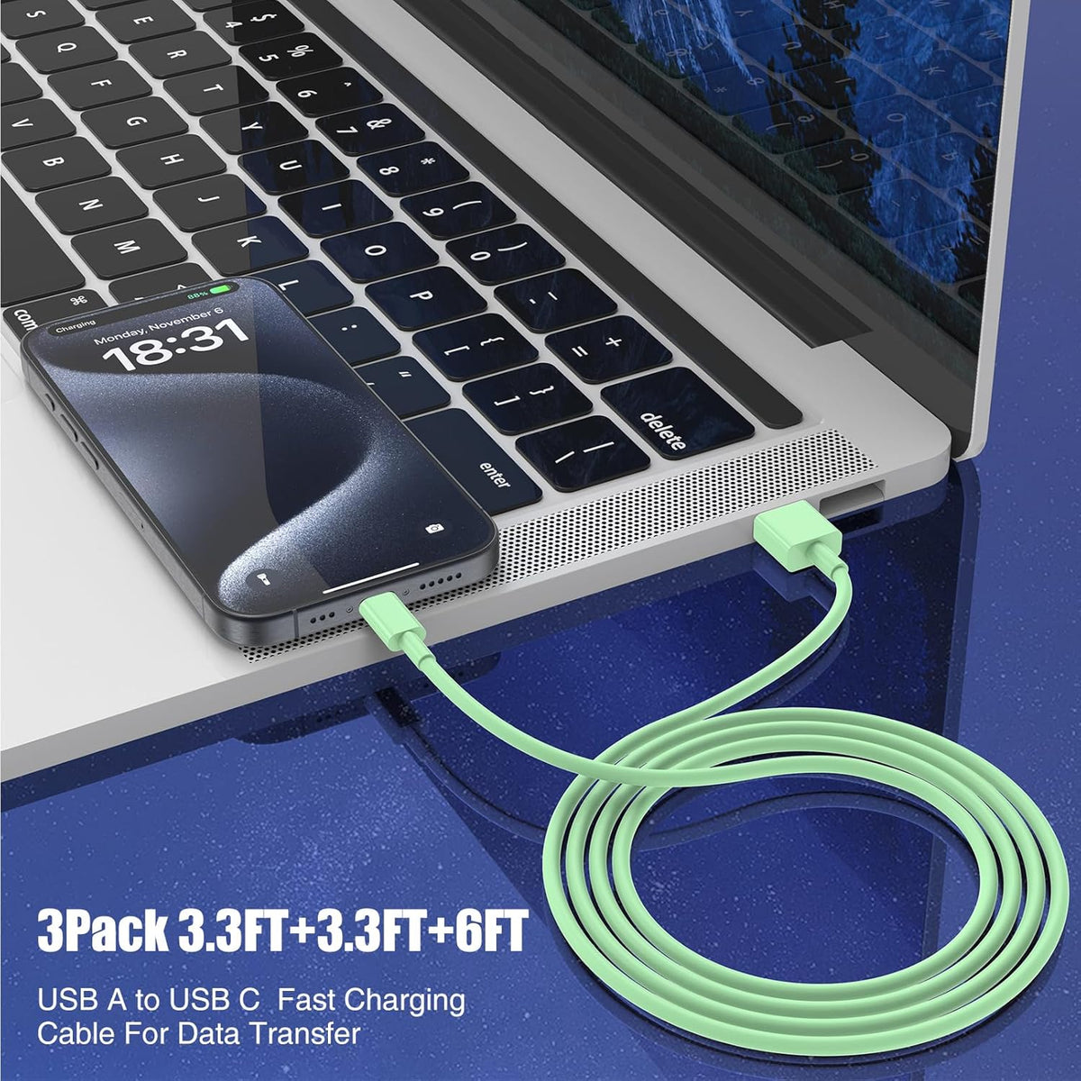 3-Pack Green [3.3FT+3.3FT+6FT] USB A to USB C Cable，USB to USB C Car Carplay Cable for iPhone 16 15 Pro Plus Pro Max，for iPad Pro/Air/Mini，for Samsung S24/S23/S22/S21，for MacBook Pro/Air and More