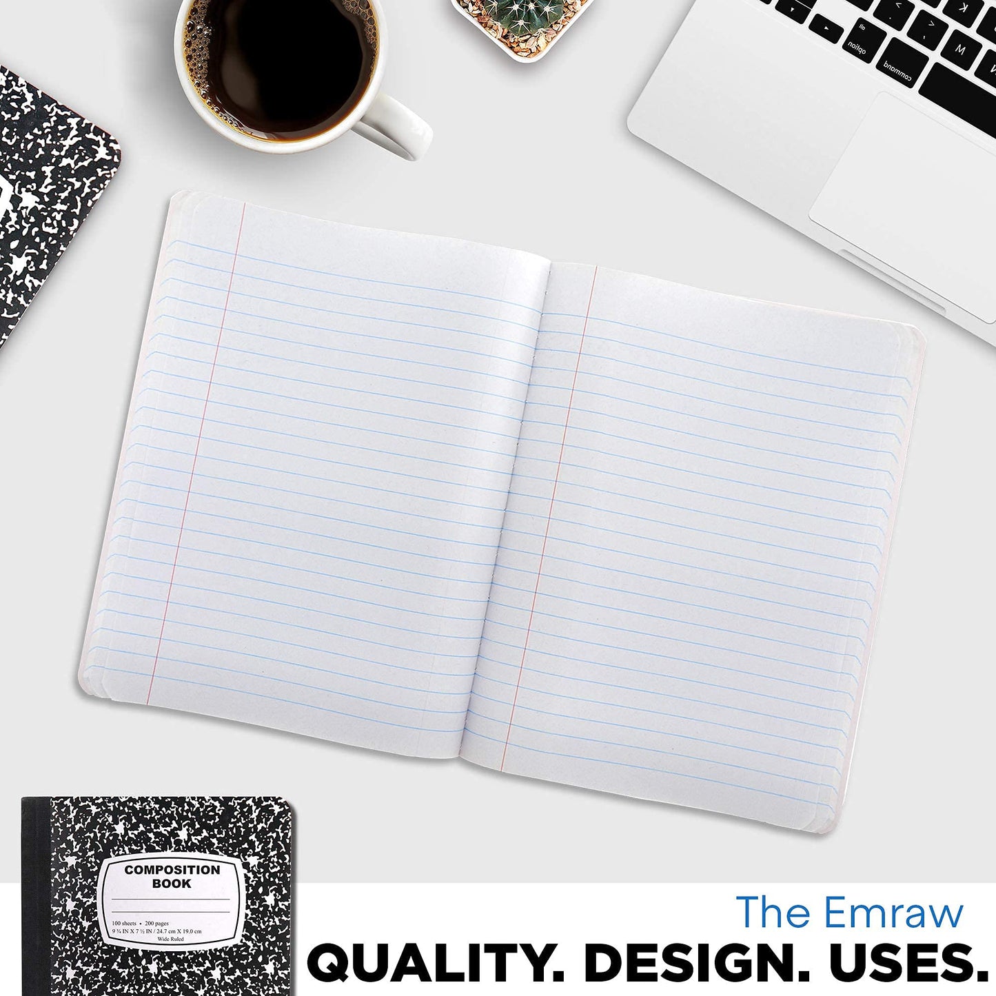 Emraw Black & White Marble Style Cover Composition Book with 100 Sheets of Wide Ruled White Paper (8 Pack)
