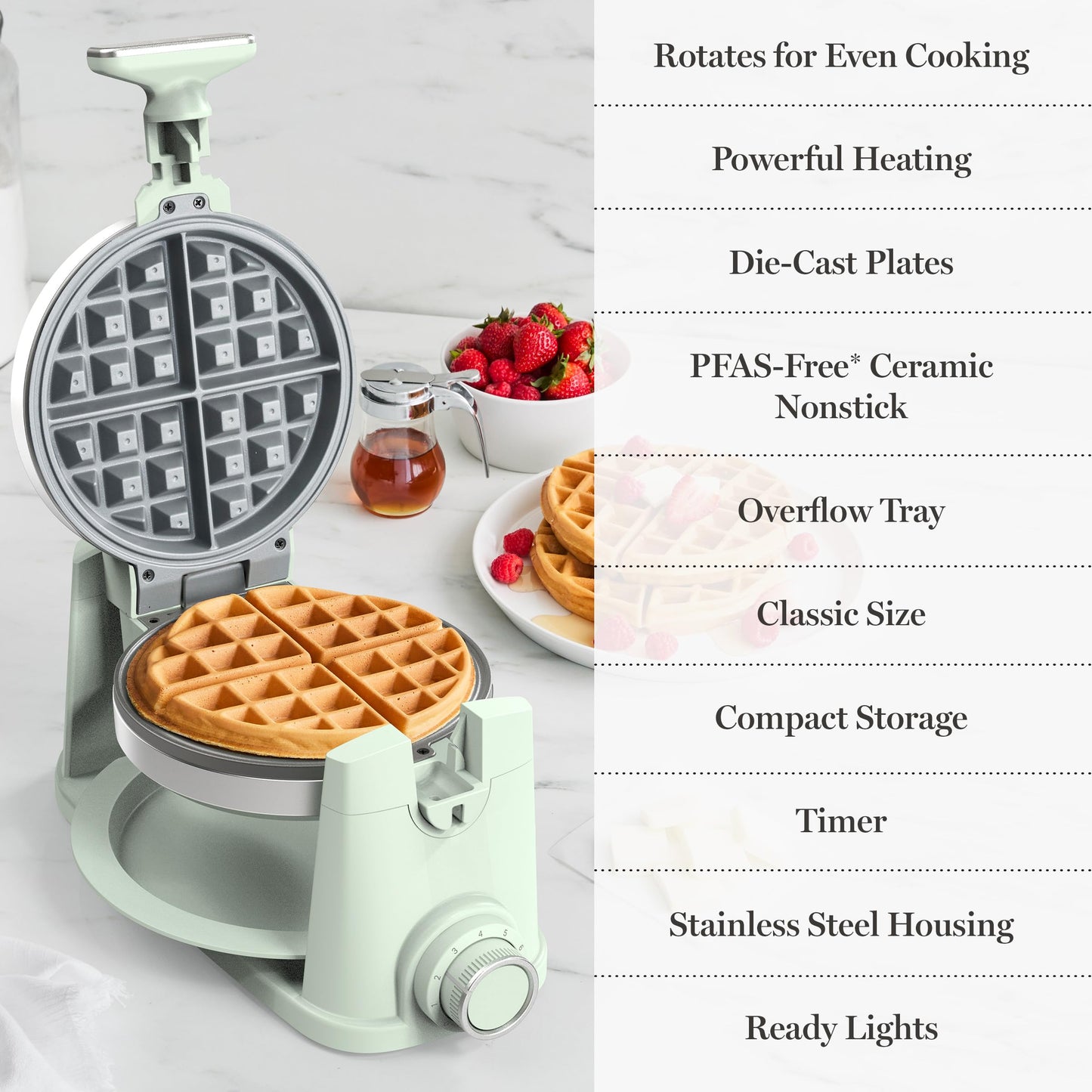Martha Stewart Rotating Waffle Maker, 180° Flip Iron with PFAS-Free Nonstick Plates, Adjustable Timer, Ready Light, Drip Tray, Space Saving, Classic Round 7”, Easy to Clean, Stainless Steel, Honeydew