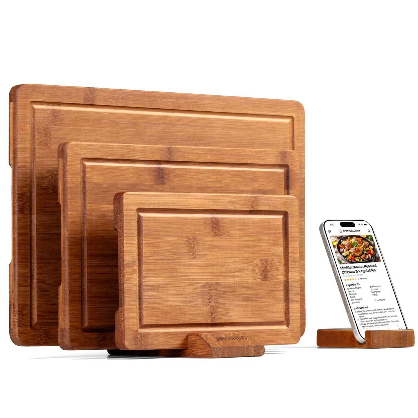 JINGNING Deep-Carbonized Bamboo Cutting Board Set for Kitchen with Wood Storage Stand, Deep Juice Grooves, Easy-Grip Handles & Non-Slip Pads, Premium Kitchen Gift