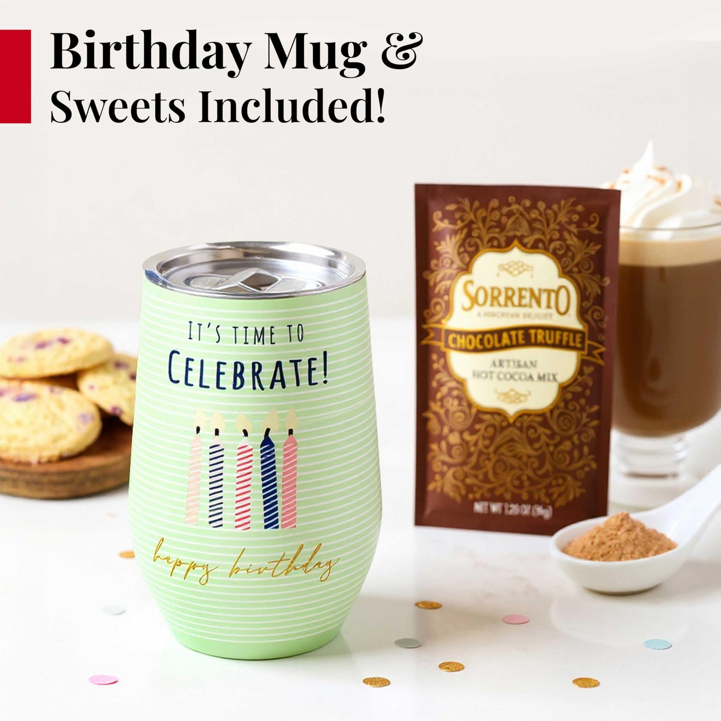 Broadway Basketeers Birthday Gift Tower Box for Men with 16oz Insulated Mug – Snack Tower Box with Savory Gourmet Snacks, Cookies, Nuts, Chocolate & Popcorn – Thoughtful Birthday Gift for Him or Dad