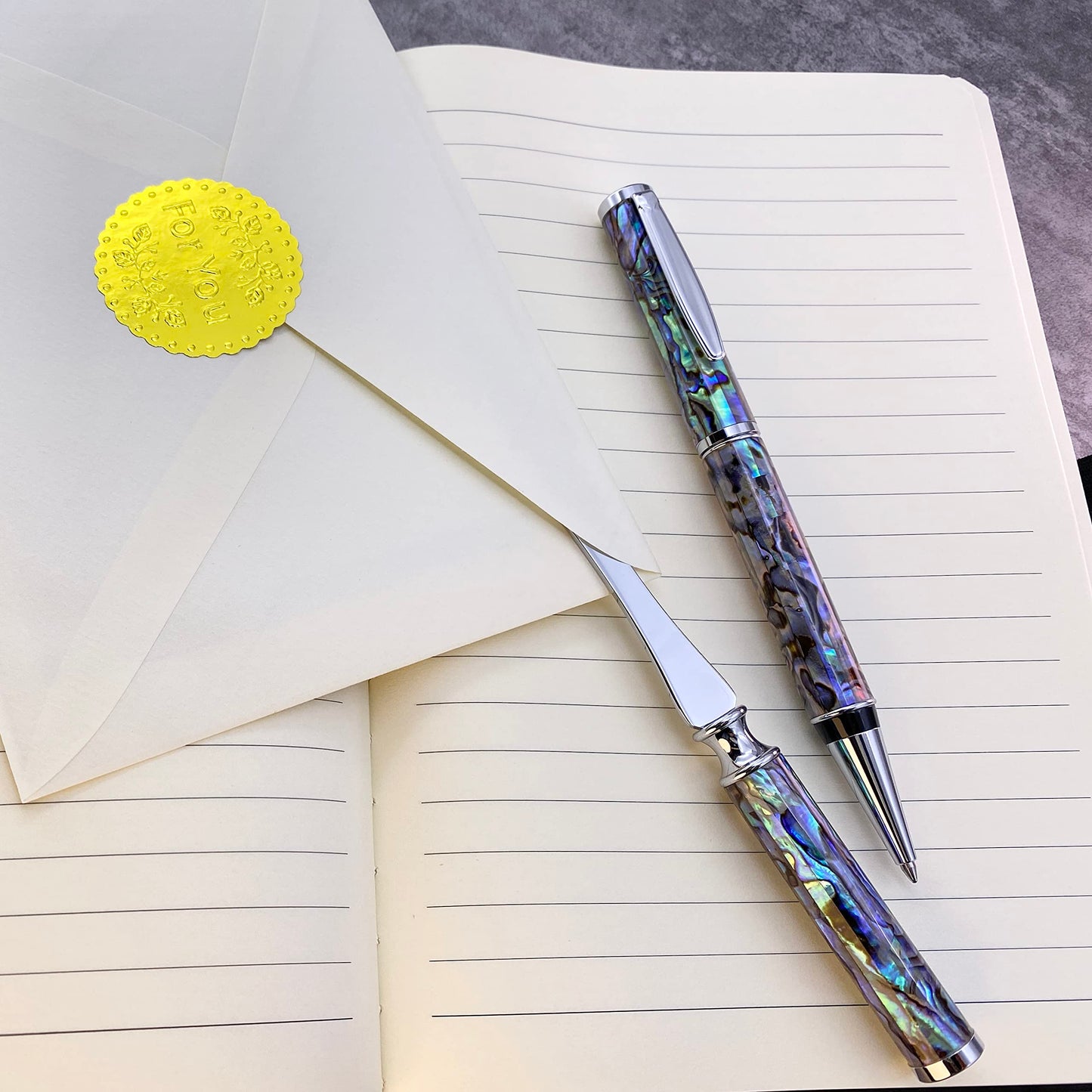 LACHIEVA LUX Luxury Abalone Shell Ballpoint Pen & Letter Opener Set, Elegant Gift for Men & Women, Great for Christmas and Special Occasions