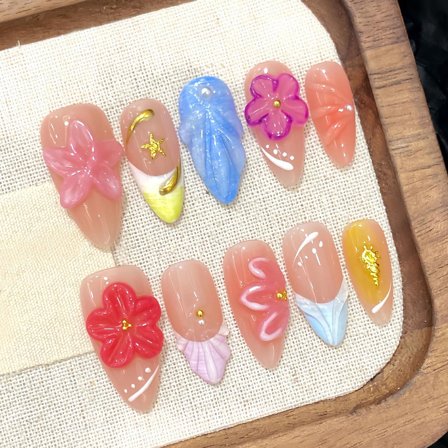 10Pcs Handmade Press On Nails – Almond Shape Summer Beach Nails with 3D Flowers & Seashell Charms – Colorful Tropical Fake Nails for Vacation – Reusable Acrylic Nail Kit for Women