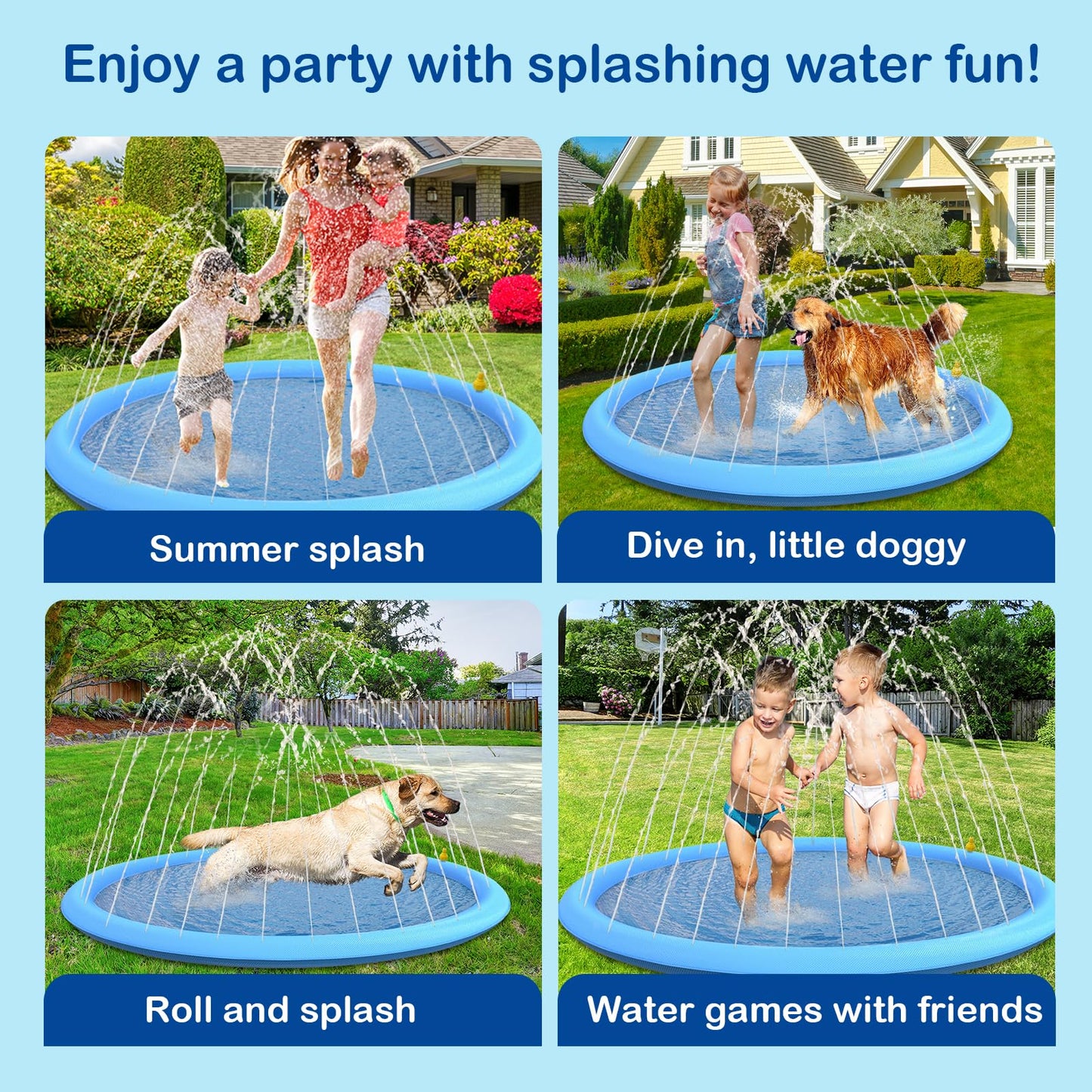 Splash Sprinkler Pad for Dogs - 67" Thicken Pet Swimming Pool Bathtub, 2024 New Packaging Pet Summer Backyard Playset & Water Toys(67",Blue)
