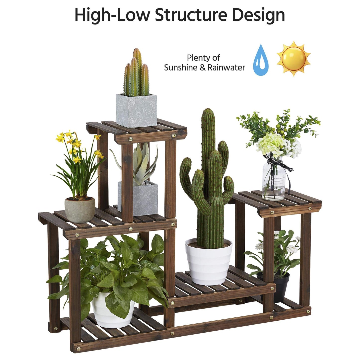 Yaheetech Plant Stands for Multiple Plants Wooden Plant Shelf Indoor Outdoor Flower Display Rack Shelf Plant Holder Multi Layer Unit for Garden/Balcony/Patio/Living Room 4 Tier 8 Pots 2PCS